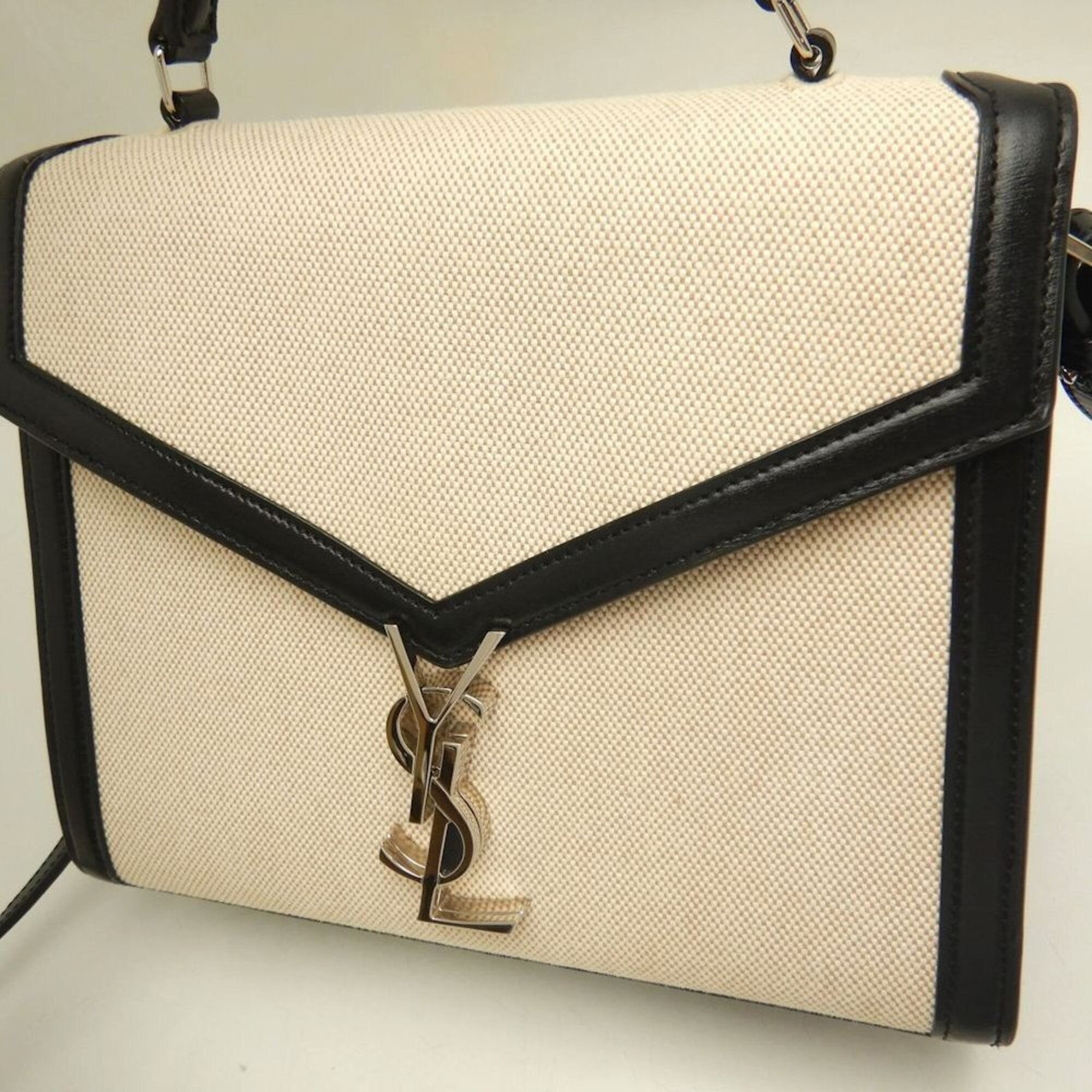 Saint Laurent Beige Black Canvas Leather Handbag (Pre-Owned)