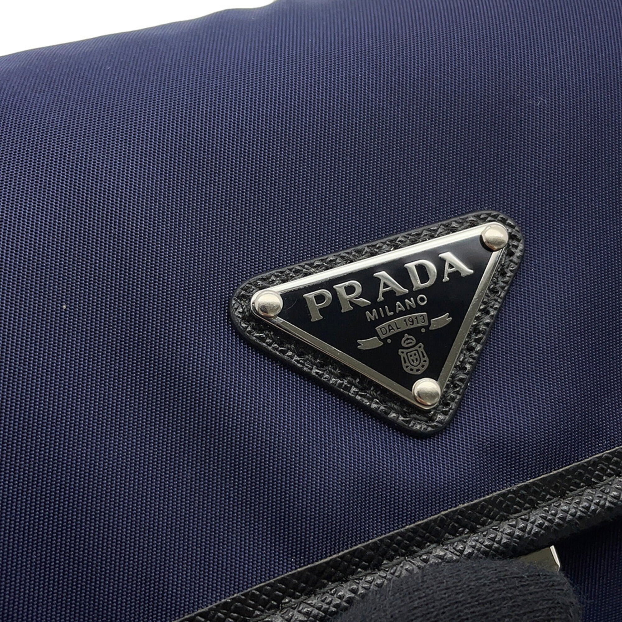 Prada Black Navy Canvas Leather Handbag Shoulder Bag (Pre-Owned)