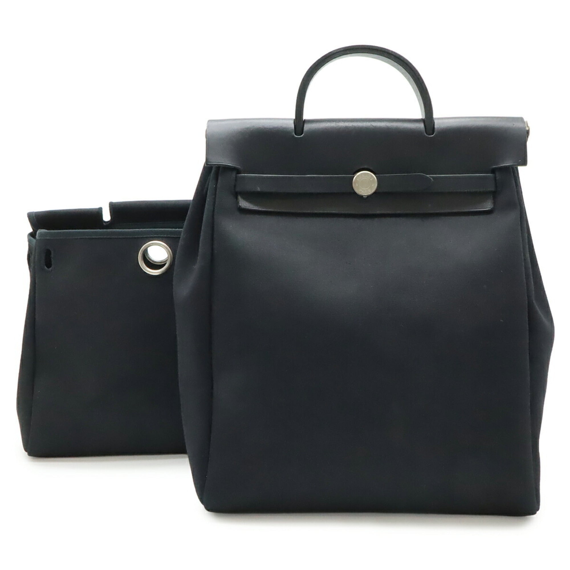 Hermes Her Bag Black Toile Officier Leather Backpack Handbag (Pre-Owned)