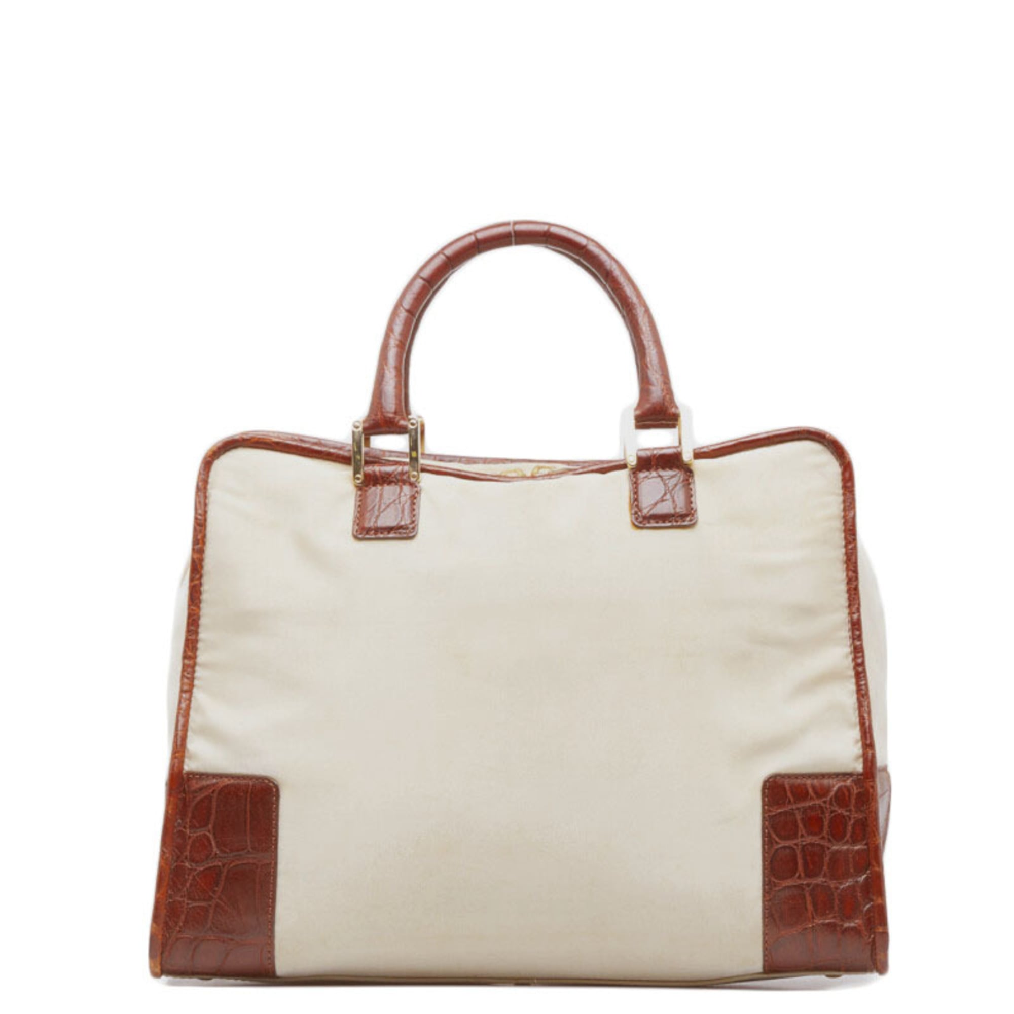 Loewe Beige Brown Nylon Leather Boston Bag Handbag (Pre-Owned)