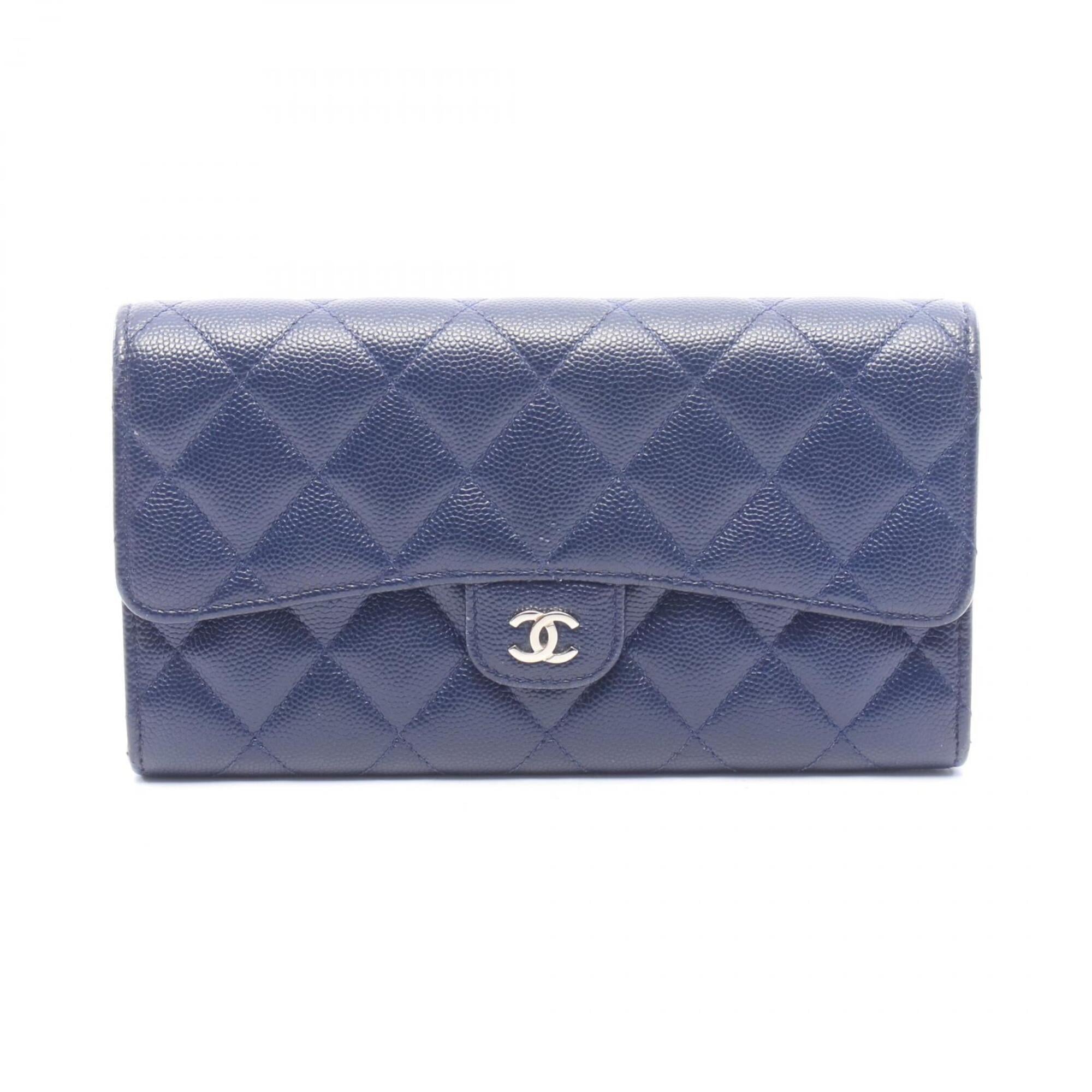 Chanel Navy Grained Calfskin Long Wallet (Bi-Fold) (Pre-Owned)
