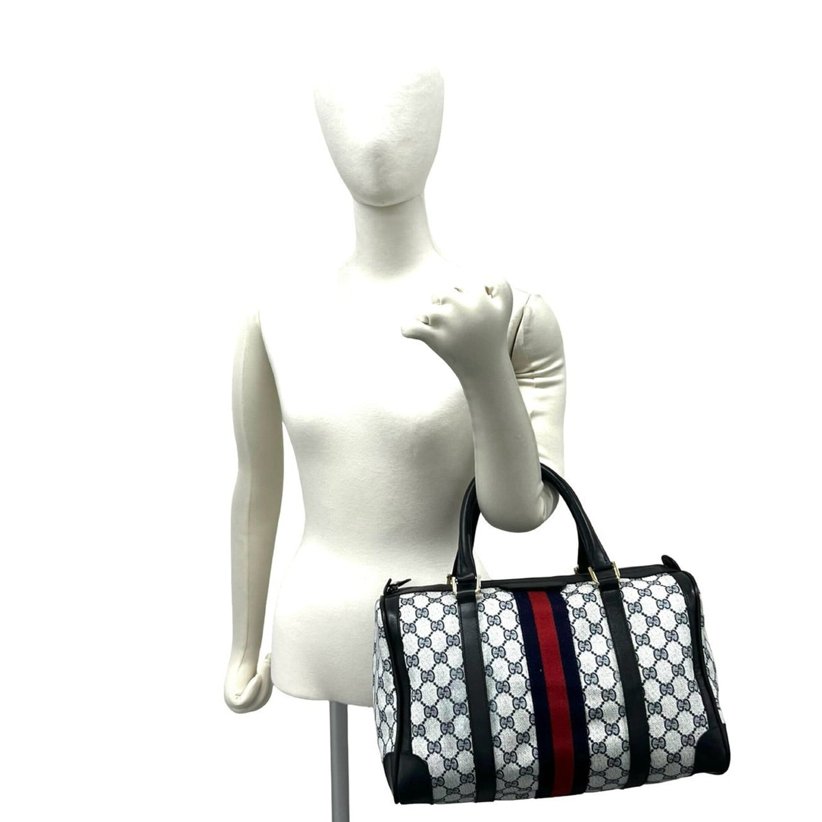 Gucci Navy Red Color Leather Pvc Boston Bag Handbag (Pre-Owned)