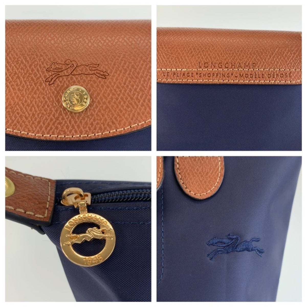 Longchamp Brown Navy Nylon Leather Shoulder Bag Tote Bag (Pre-Owned)