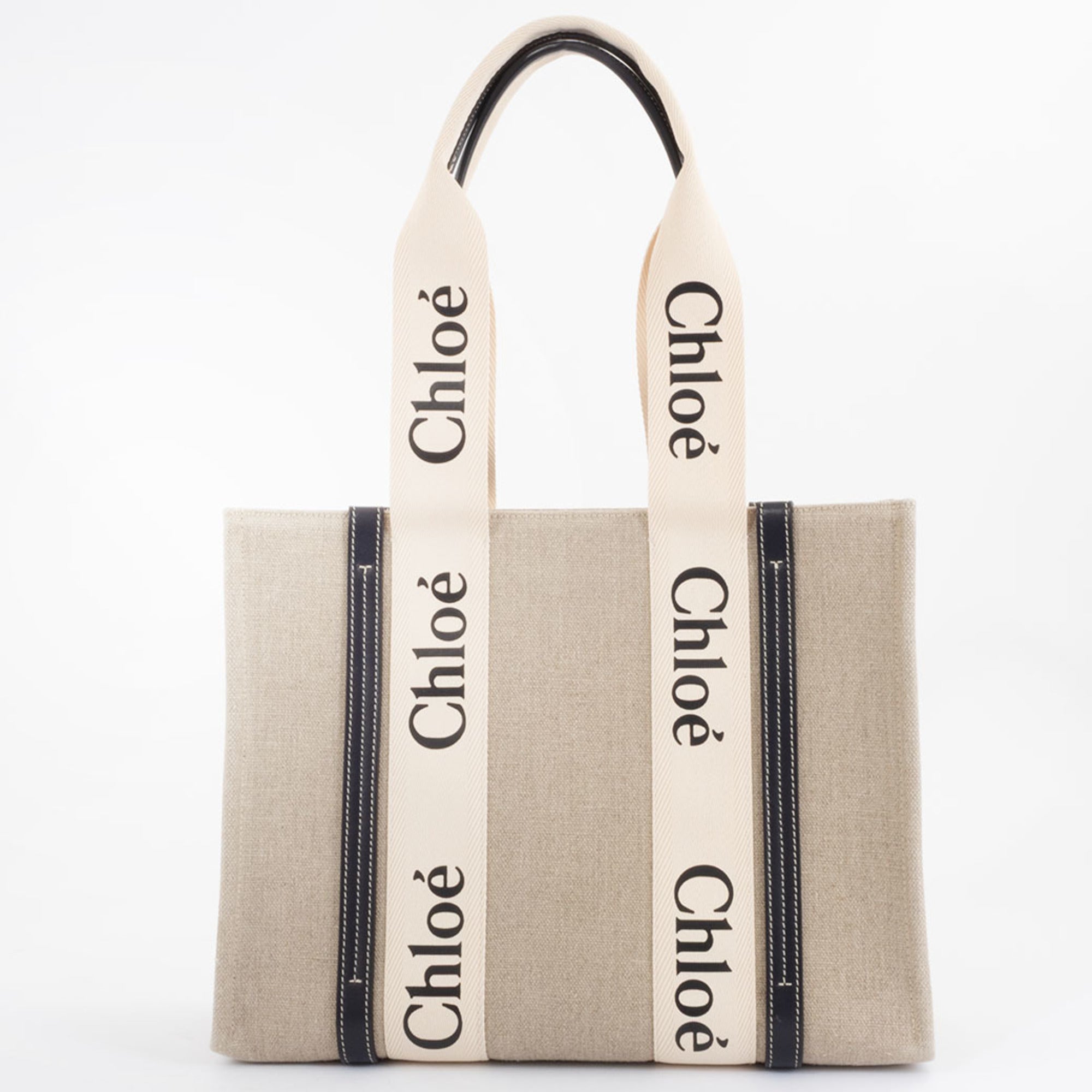 Chloé Blue White Linen Leather Tote Bag (Pre-Owned)