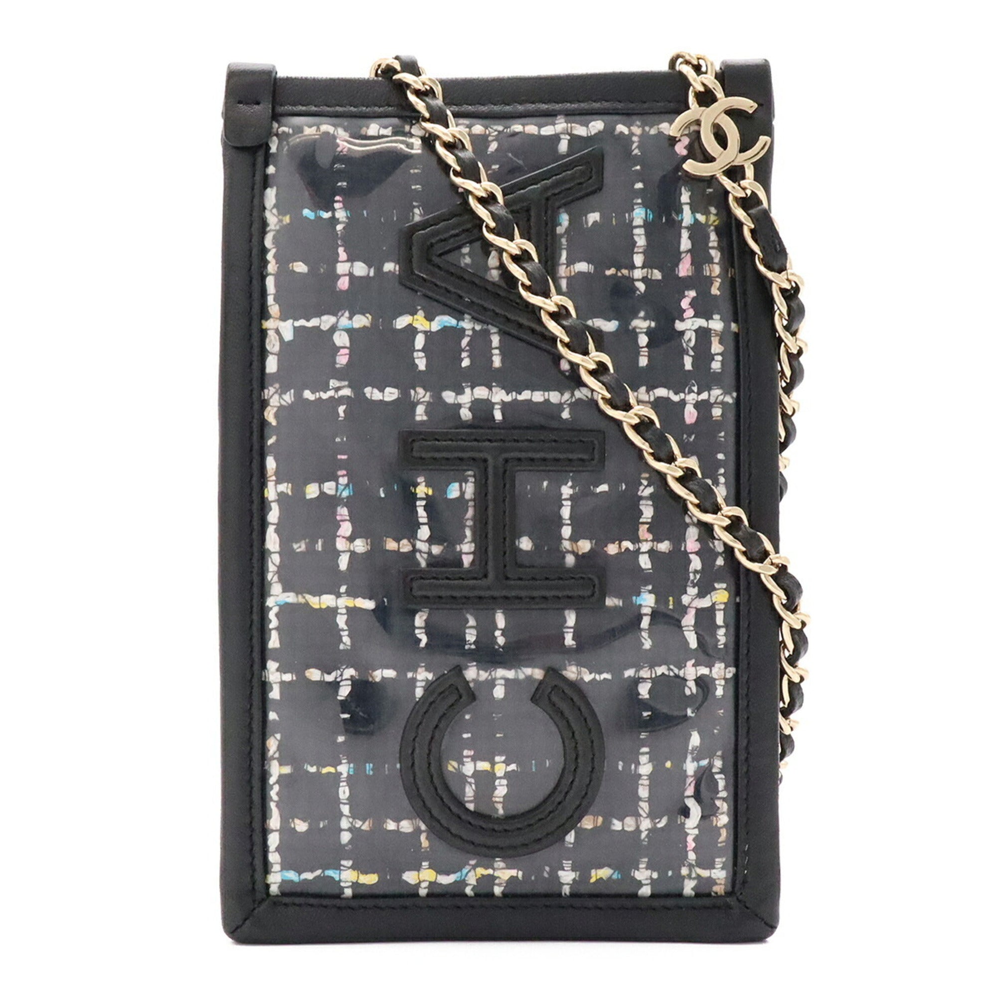 Chanel Black Clear Multi-Color Tweed Leather Vinyl Pochette Shoulder Bag (Pre-Owned)