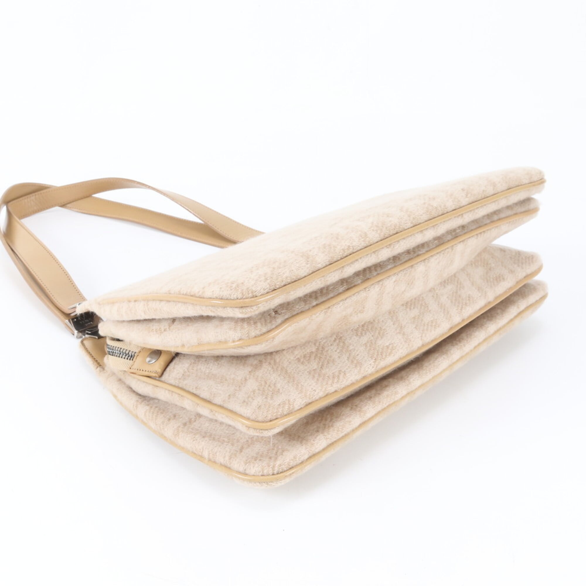 Fendi Zucca Beige Leather Canvas Handbag Shoulder Bag (Pre-Owned)
