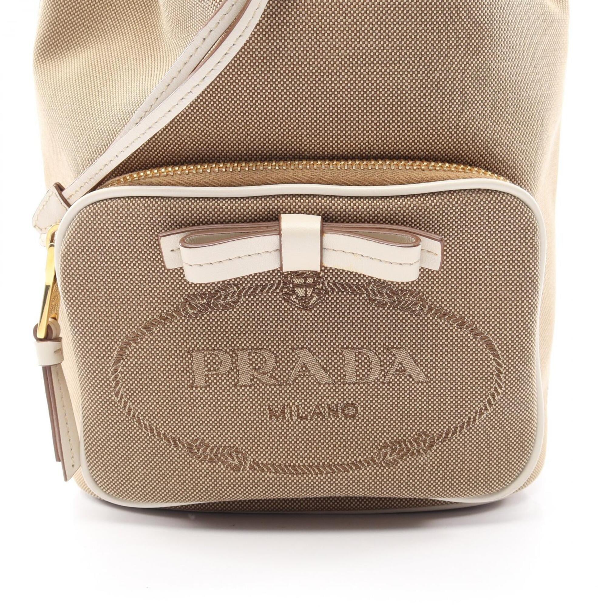 Prada Beige Brown White Canvas Leather Handbag (Pre-Owned)