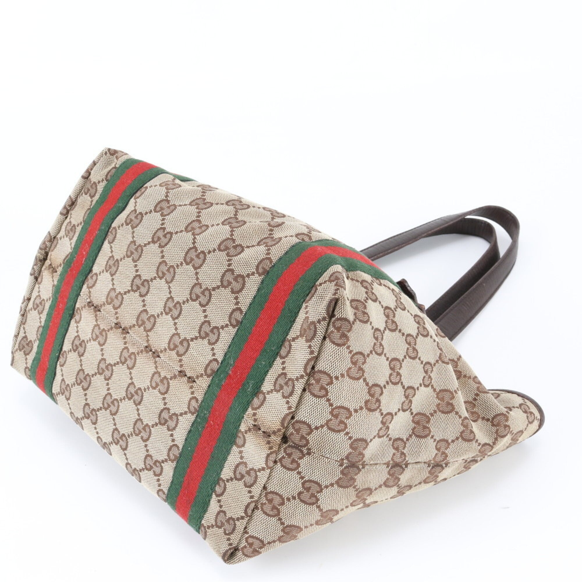 Gucci Sherry Line Brown Leather Canvas Handbag Tote Bag (Pre-Owned)