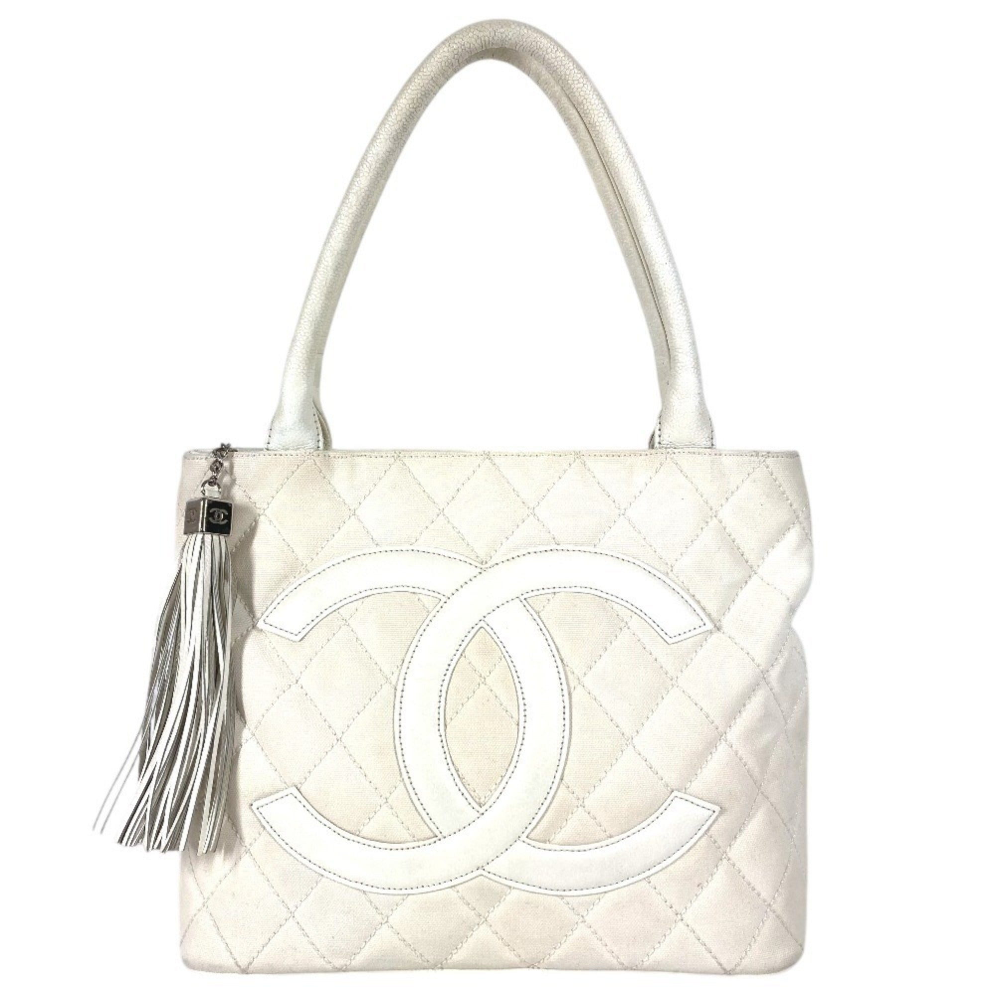 Chanel White Leather Canvas Shoulder Bag Tote Bag (Pre-Owned)