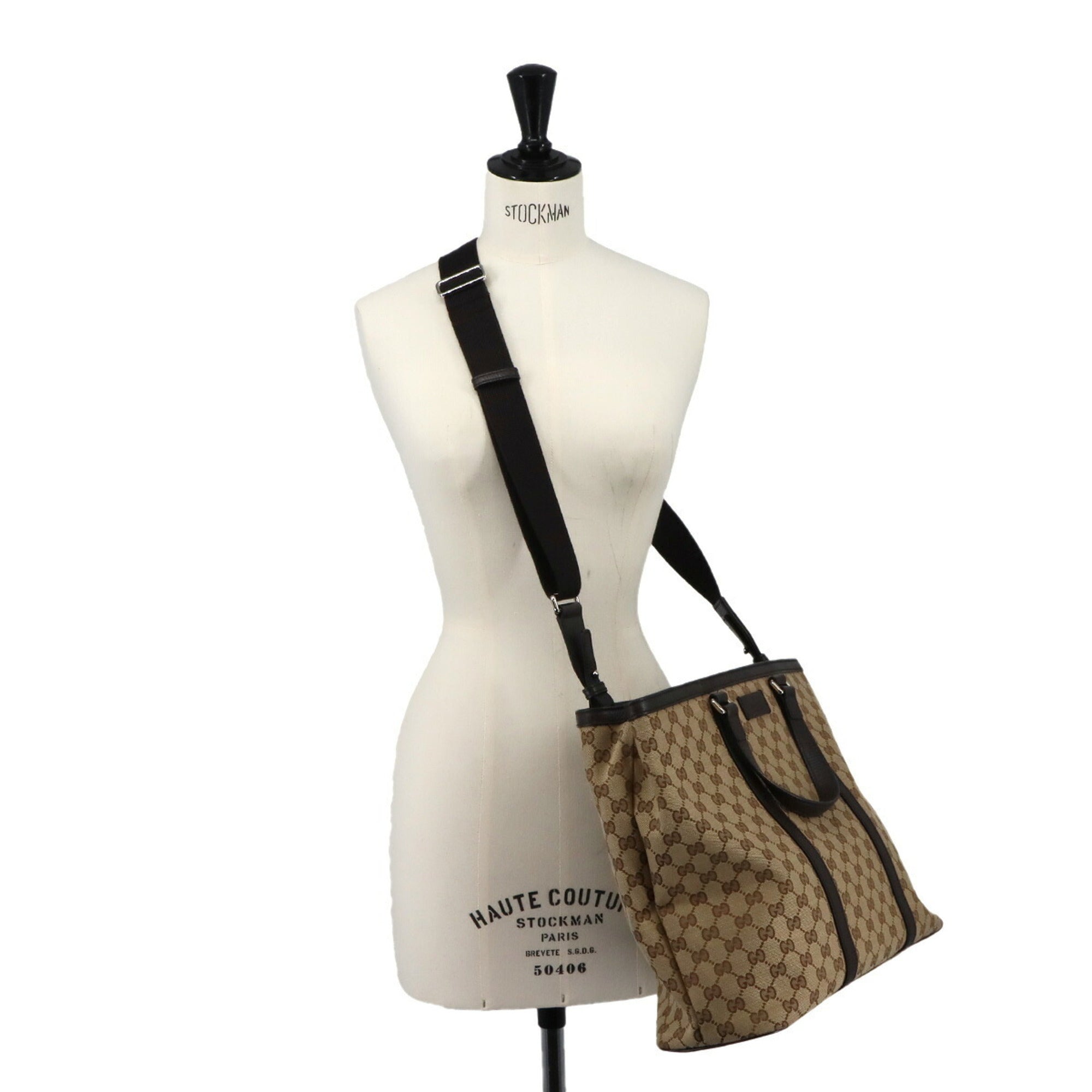 Gucci Gg Canvas Beige Brown Gg Canvas Leather Handbag Shoulder Bag Tote Bag (Pre-Owned)