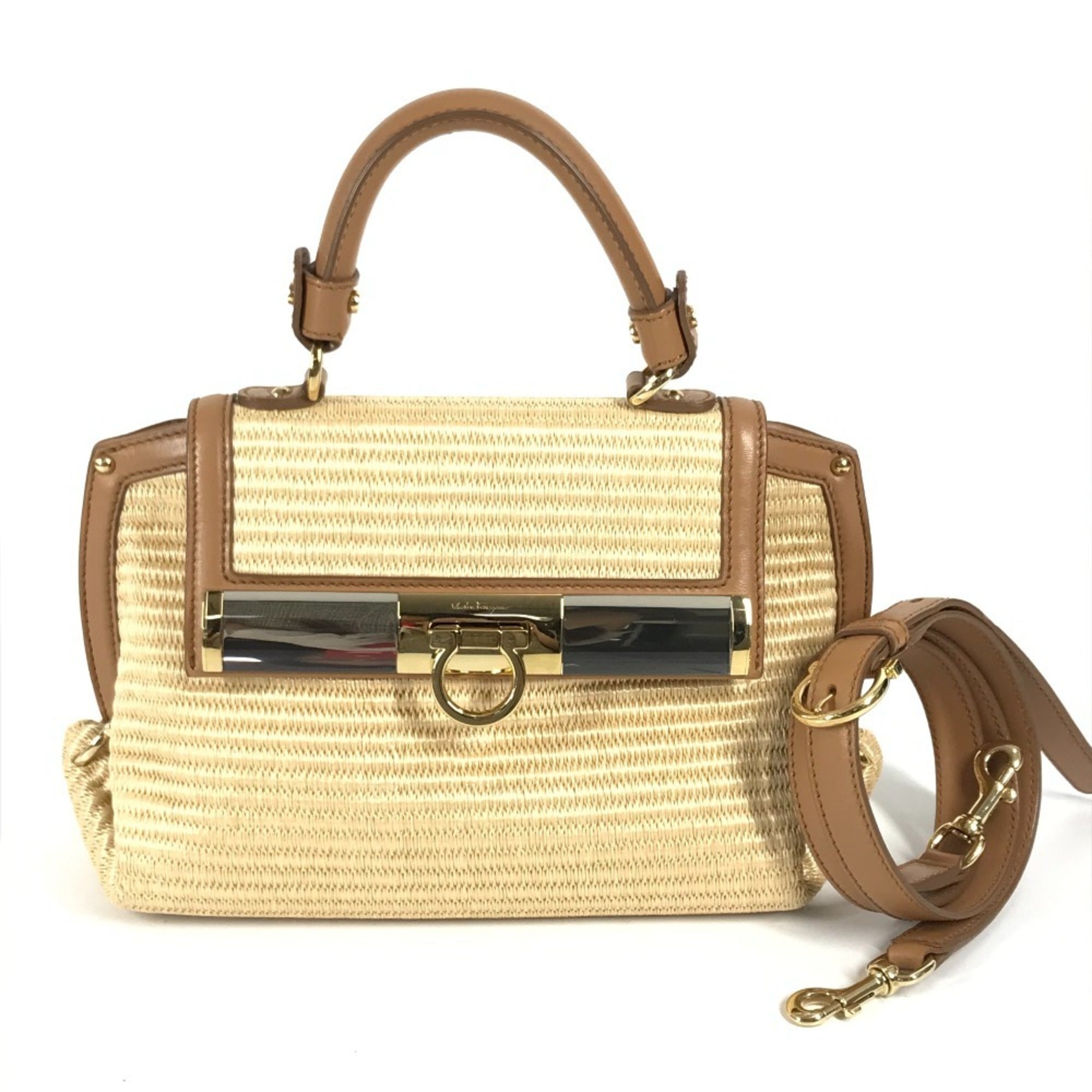 Salvatore Ferragamo Beige Straw Leather Handbag Shoulder Bag (Pre-Owned)