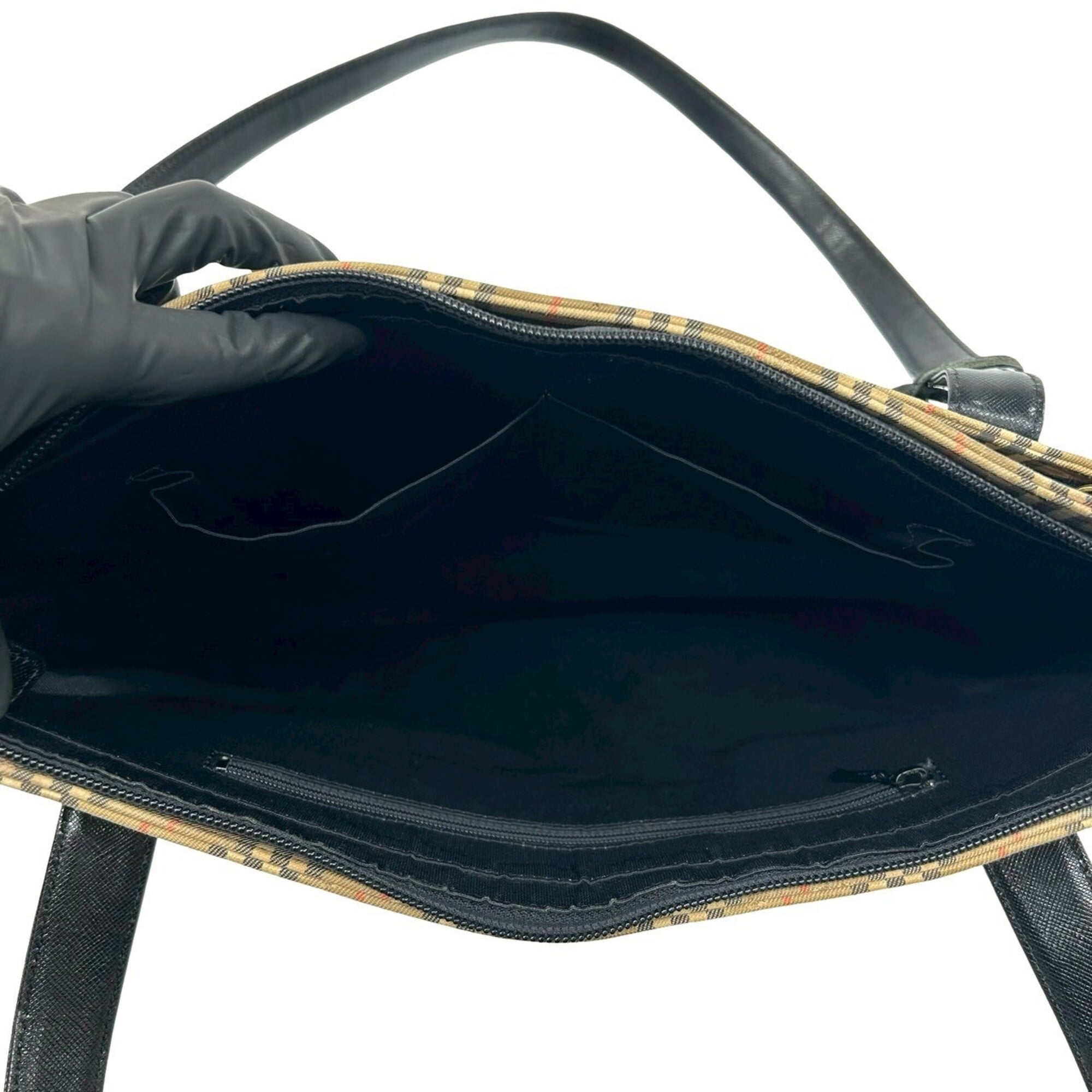 Burberry Beige Black Canvas Leather Handbag Shoulder Bag Tote Bag (Pre-Owned)