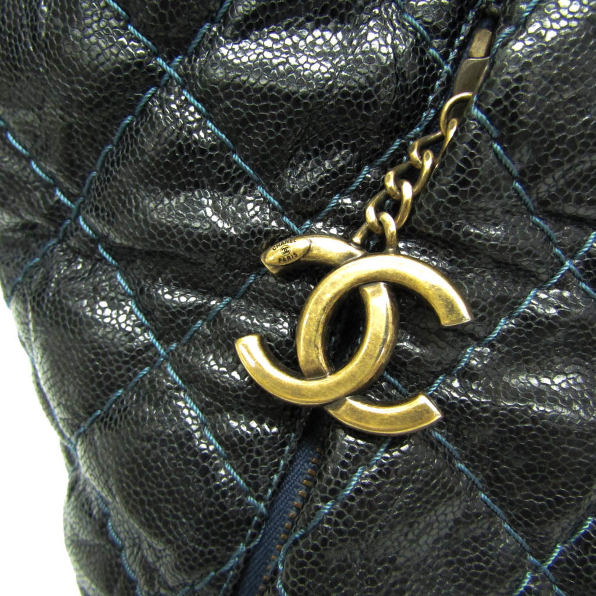 Chanel Matelasse Black Navy Grained Calfskin Tote Bag (Pre-Owned)