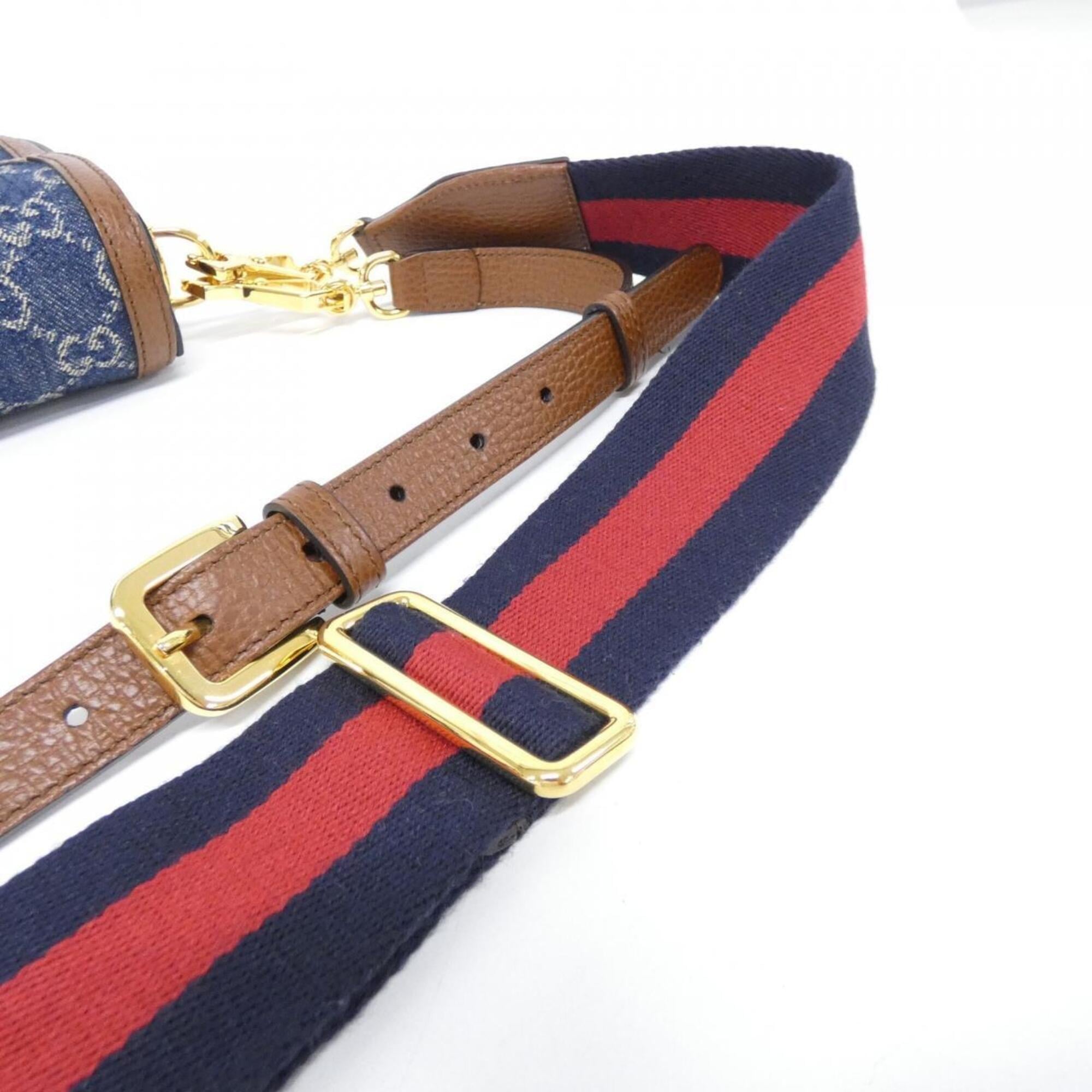 Gucci Dark Blue Ivory Jacquard Denim Leather Shoulder Bag (Pre-Owned)