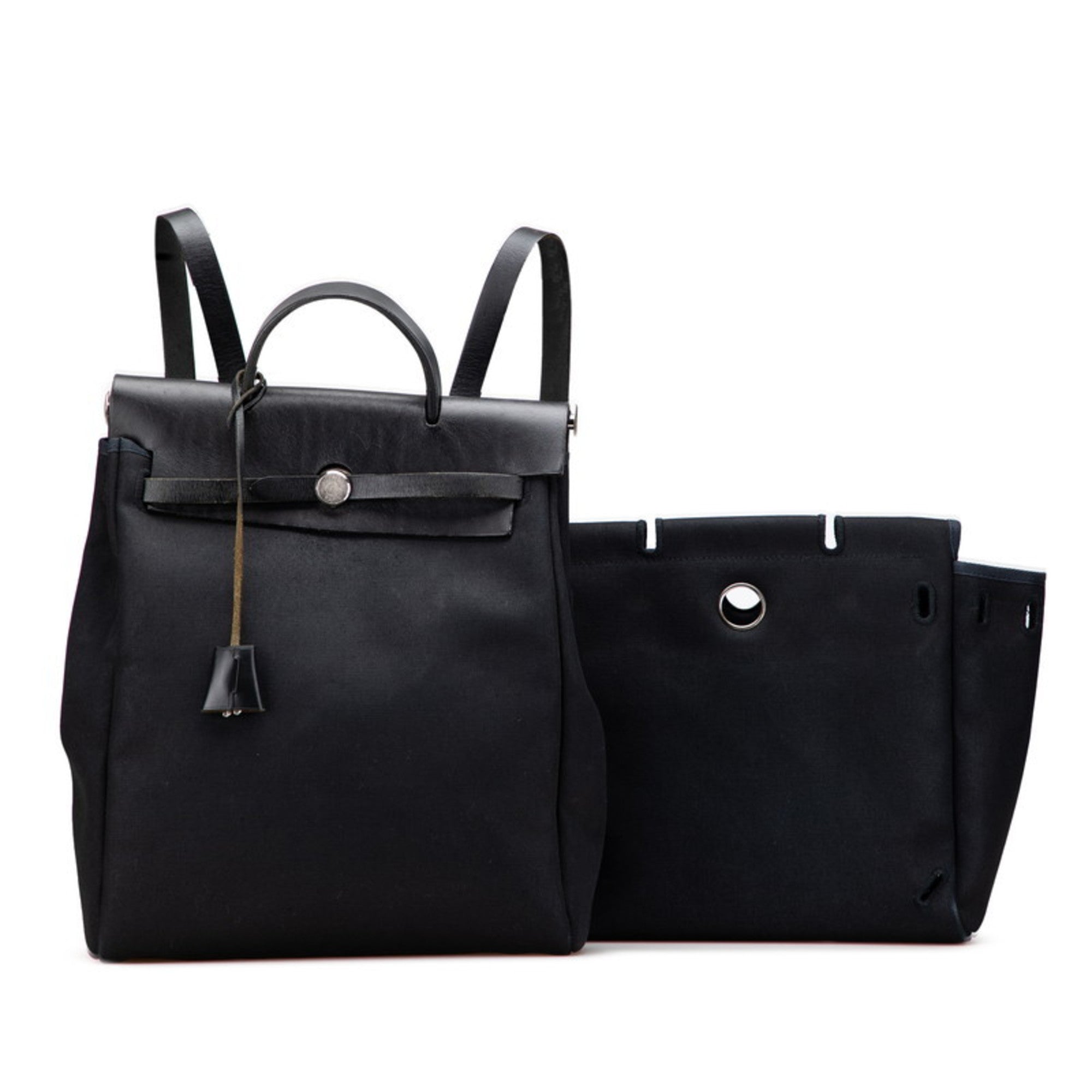 Hermes Her Bag Black Toile Officier Leather Handbag (Pre-Owned)