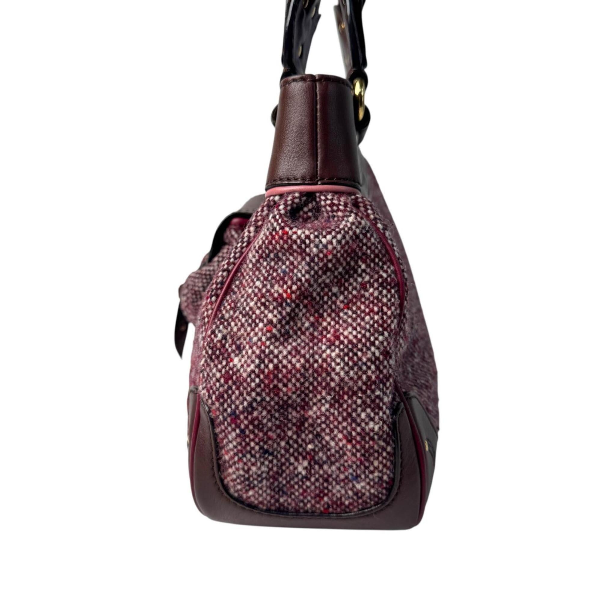 Celine Bordeaux Brown Pink Tweed Leather Handbag (Pre-Owned)