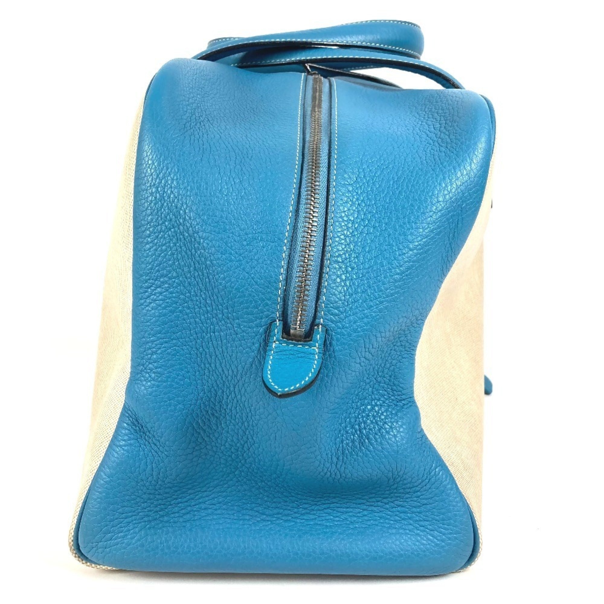 Hermes Beige Blue Toile H Leather Boston Bag Shoulder Bag (Pre-Owned)