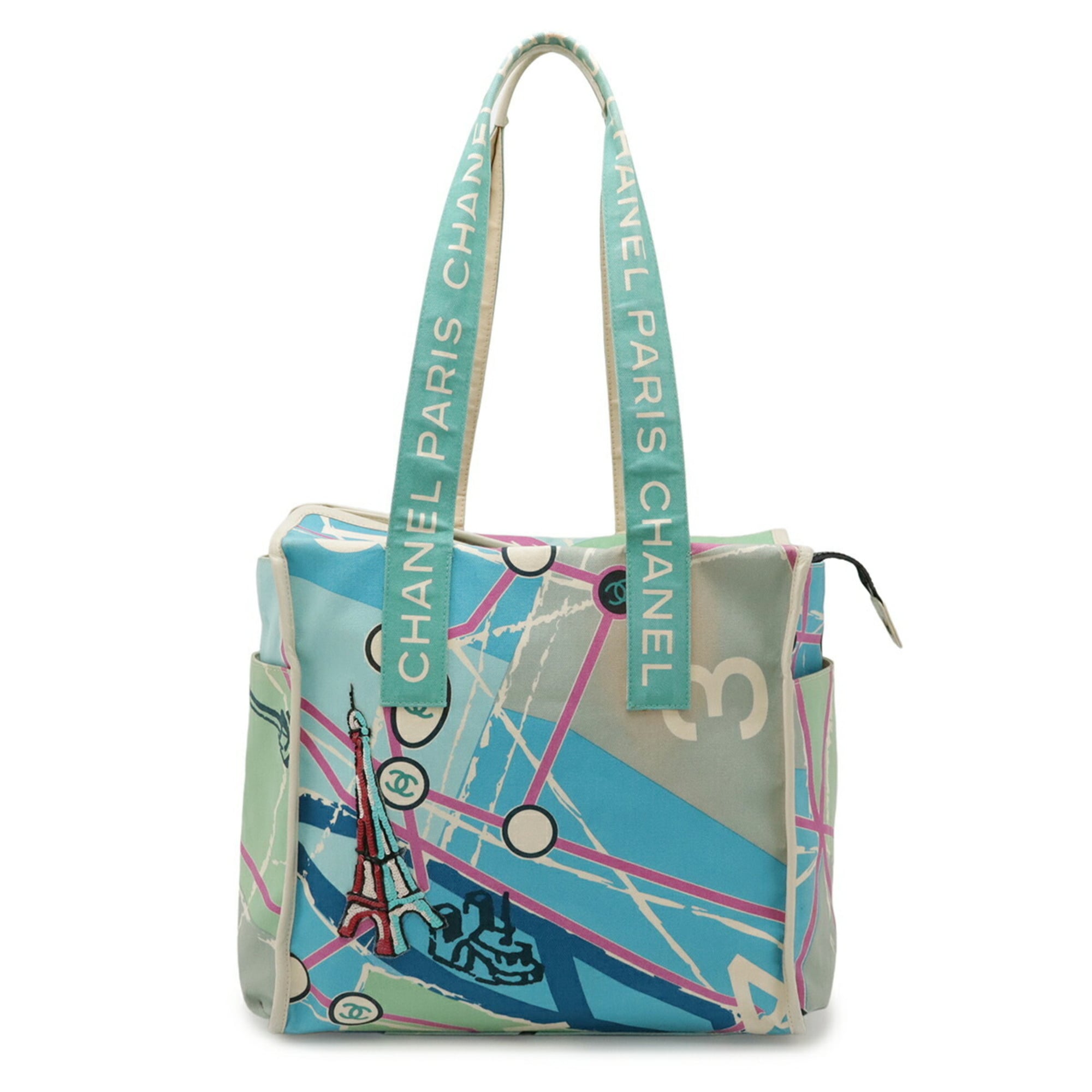 Chanel Blue Blue Green Multi-Color Canvas Shoulder Bag Tote Bag (Pre-Owned)
