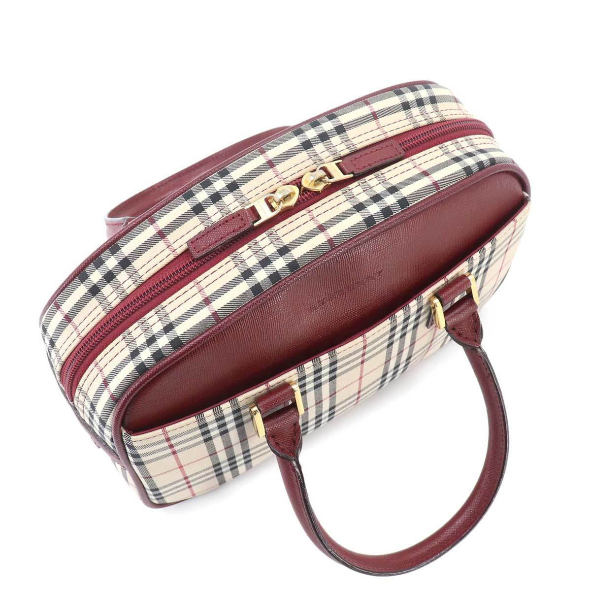 Burberry Beige Bordeaux Canvas Leather Boston Bag Handbag (Pre-Owned)