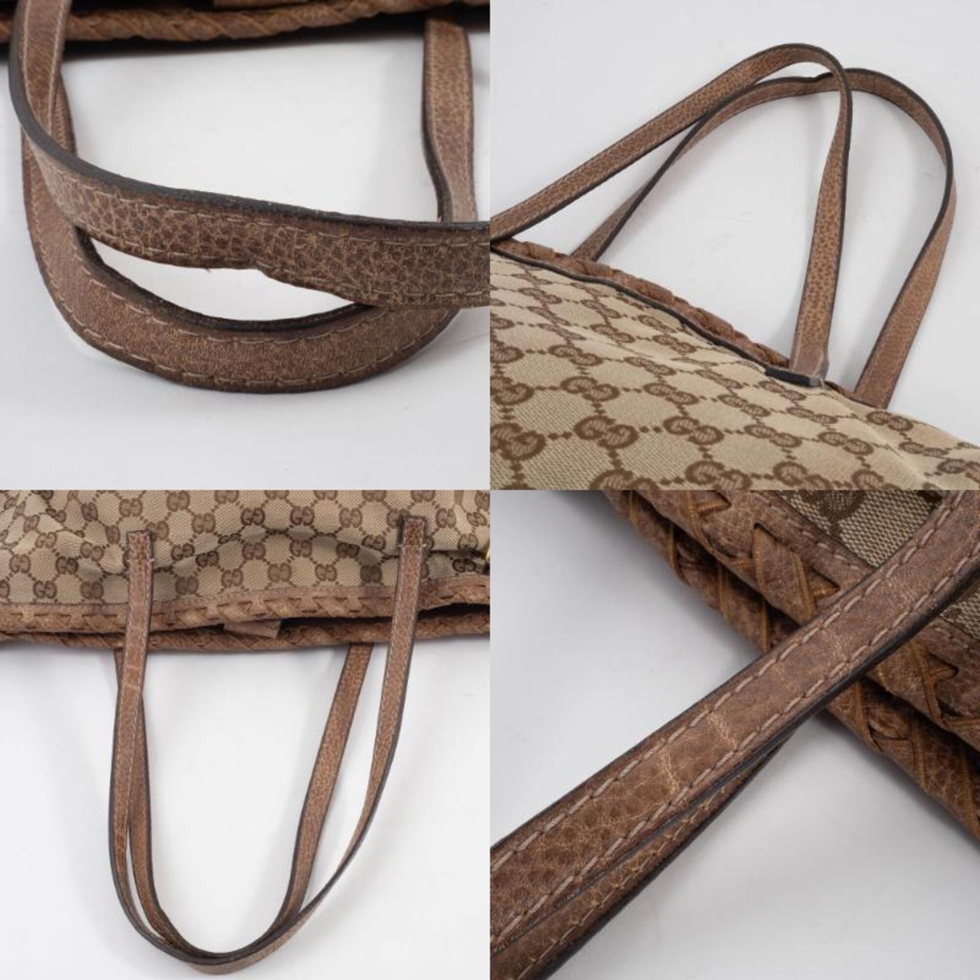 Gucci Gg Canvas Beige Brown Gg Canvas Leather Tote Bag (Pre-Owned)