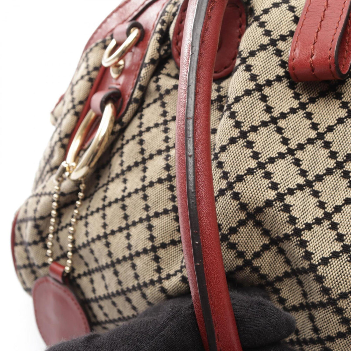 Gucci Beige Black Red Color Canvas Leather Handbag (Pre-Owned)