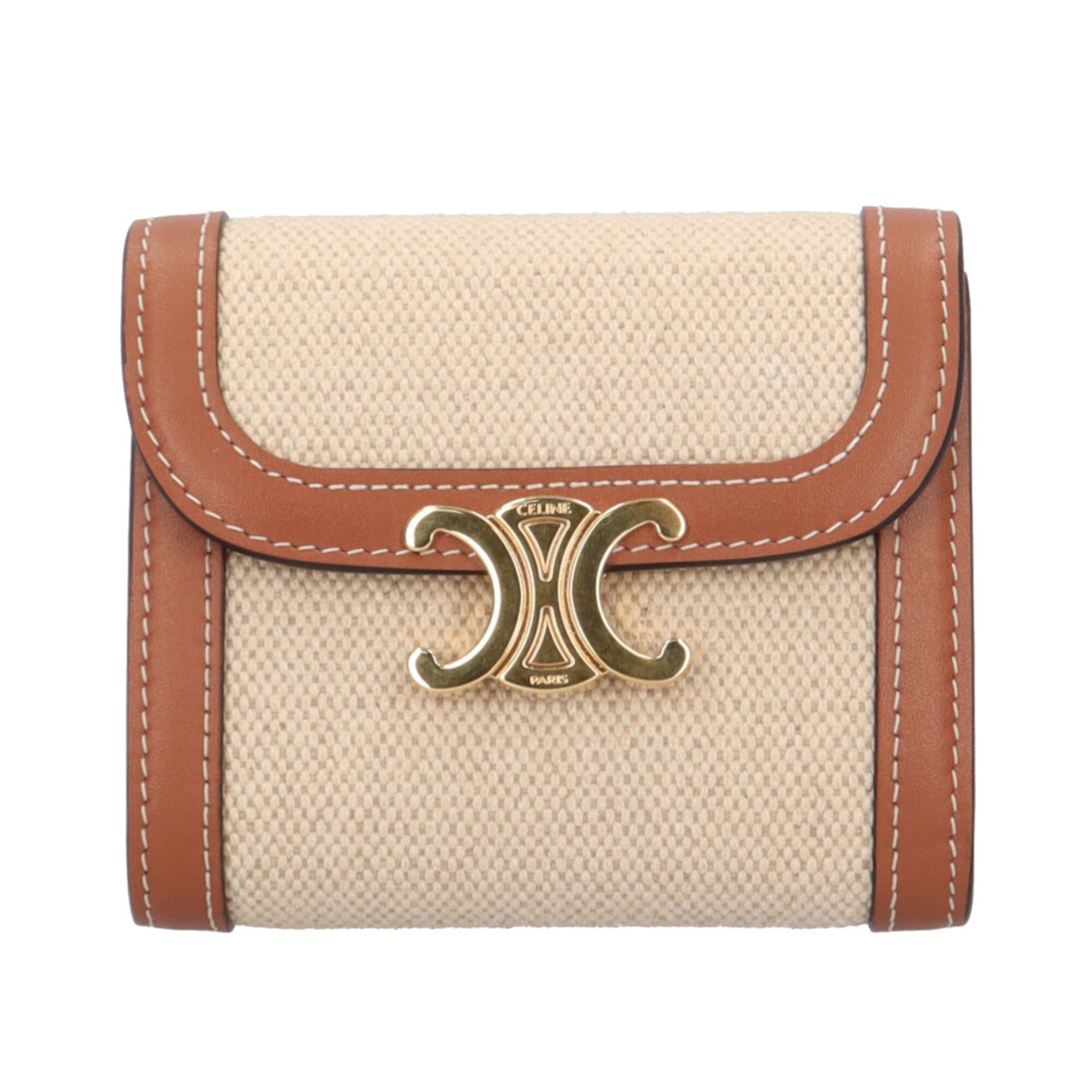 Celine Beige Brown Canvas Leather Wallet (Tri-Fold) (Pre-Owned)