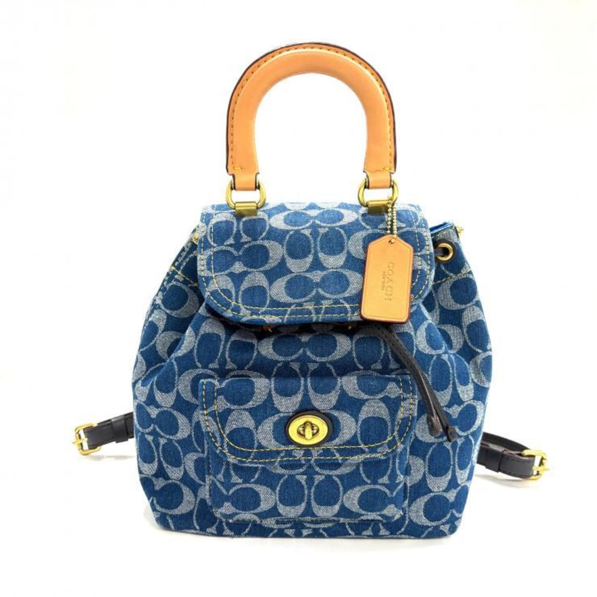 Coach Blue Brown Gold Denim Leather Backpack (Pre-Owned)