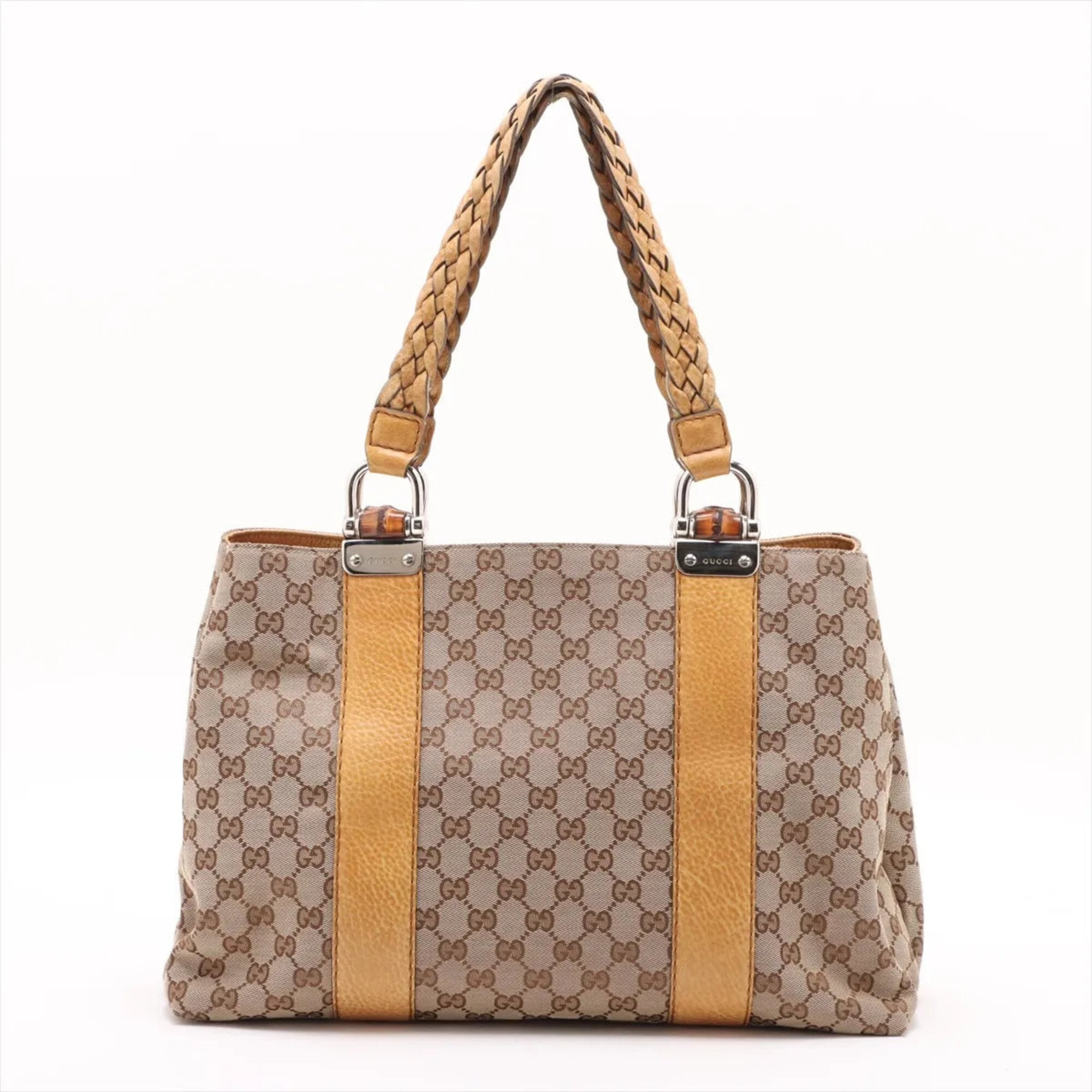 Gucci Beige Canvas Leather Handbag Tote Bag (Pre-Owned)