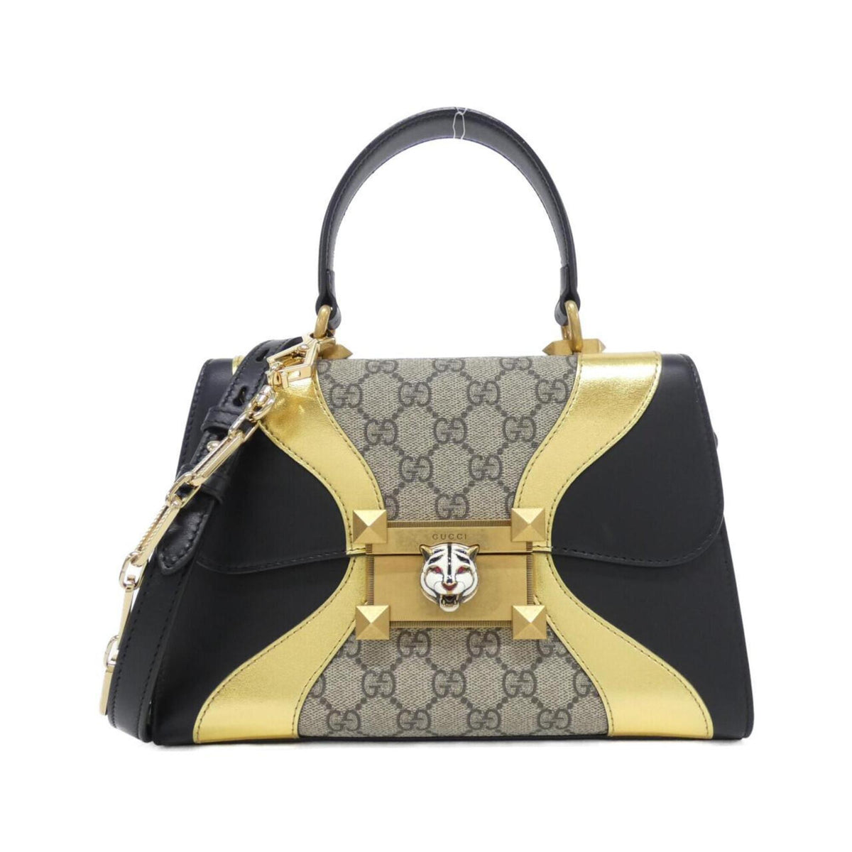 Gucci Beige Black Gg Supreme Canvas Leather Handbag (Pre-Owned)