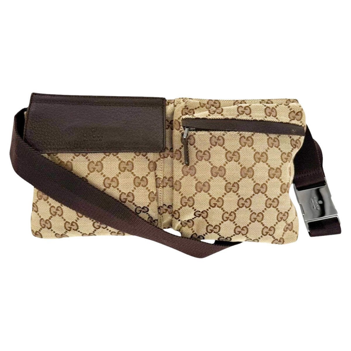 Gucci Beige Dark Brown Canvas Leather Fanny Pack (Pre-Owned)