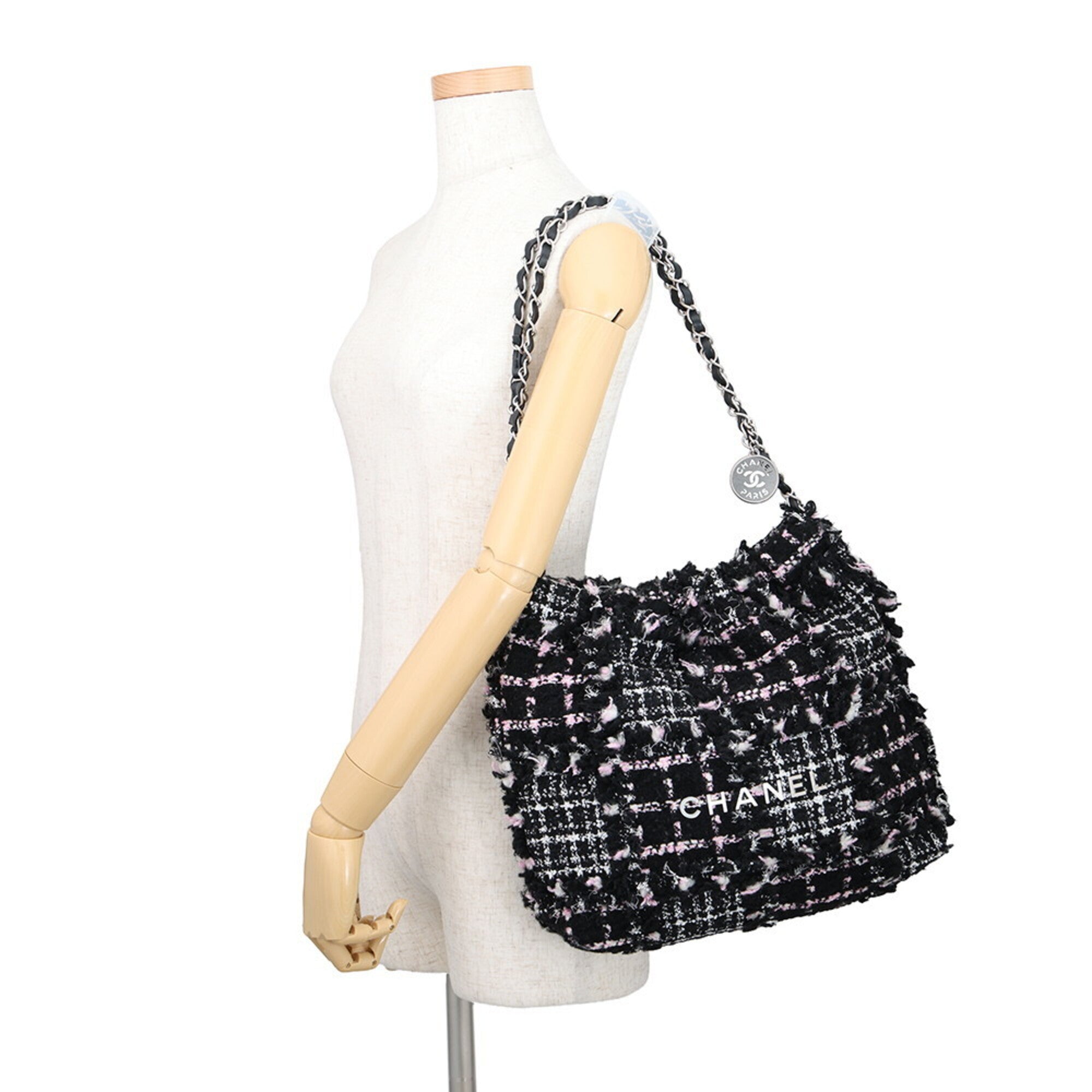 Chanel Black White Tweed Leather Handbag Shoulder Bag (Pre-Owned)