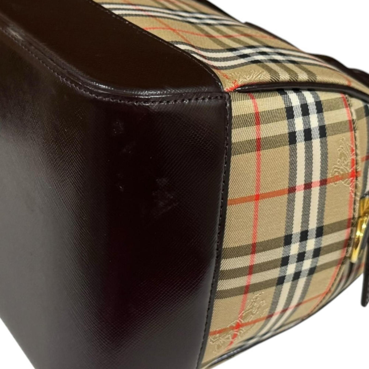 Burberry Beige Brown Canvas Leather Boston Bag Shoulder Bag (Pre-Owned)