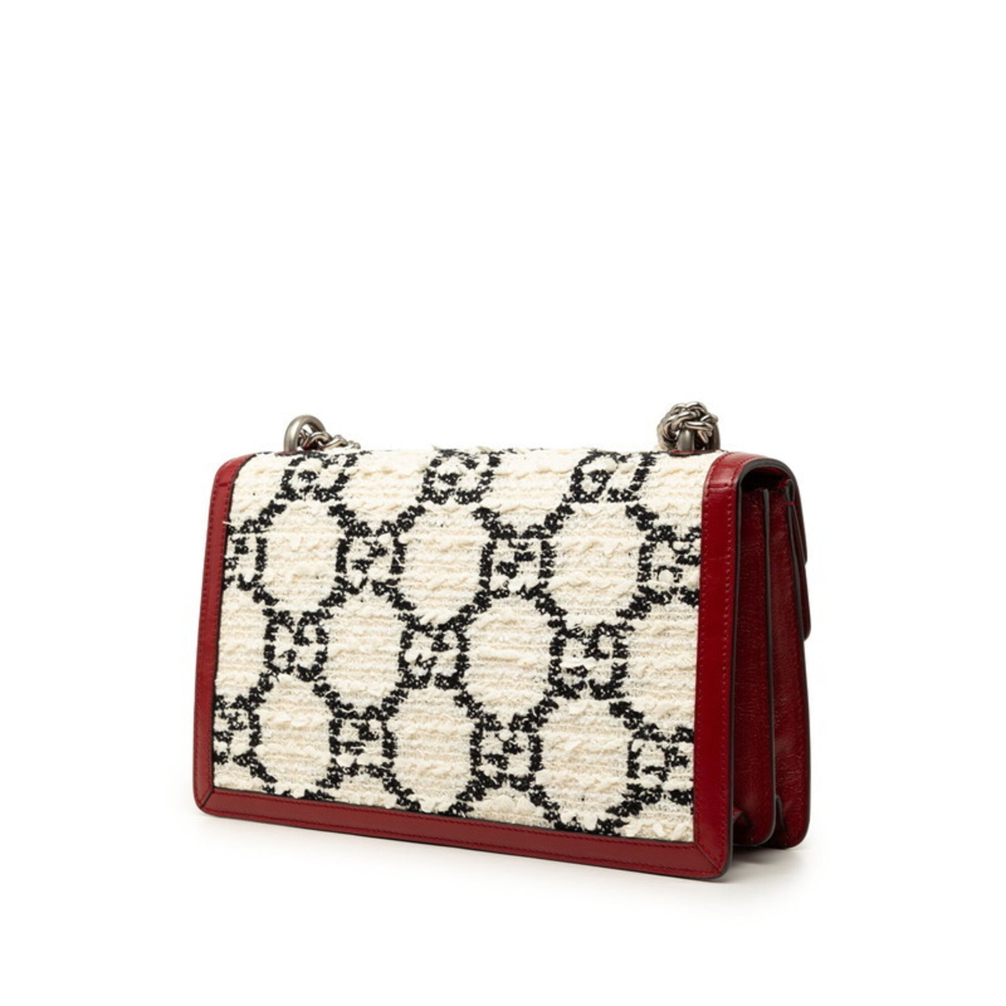 Gucci Black Red Color White Tweed Leather Shoulder Bag (Pre-Owned)