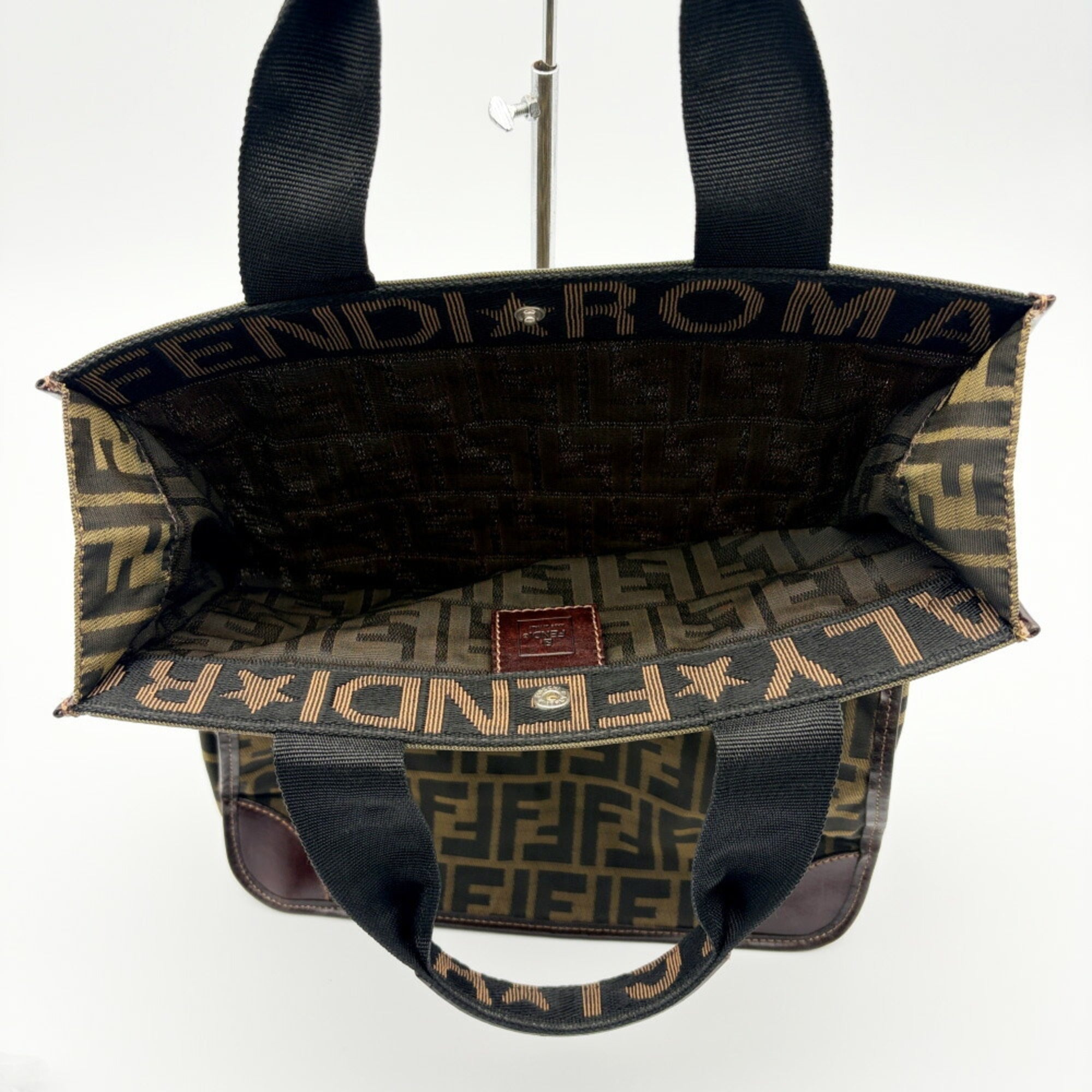 Fendi Zucchino Black Brown Dark Brown Zucchino Canvas Leather Tote Bag (Pre-Owned)