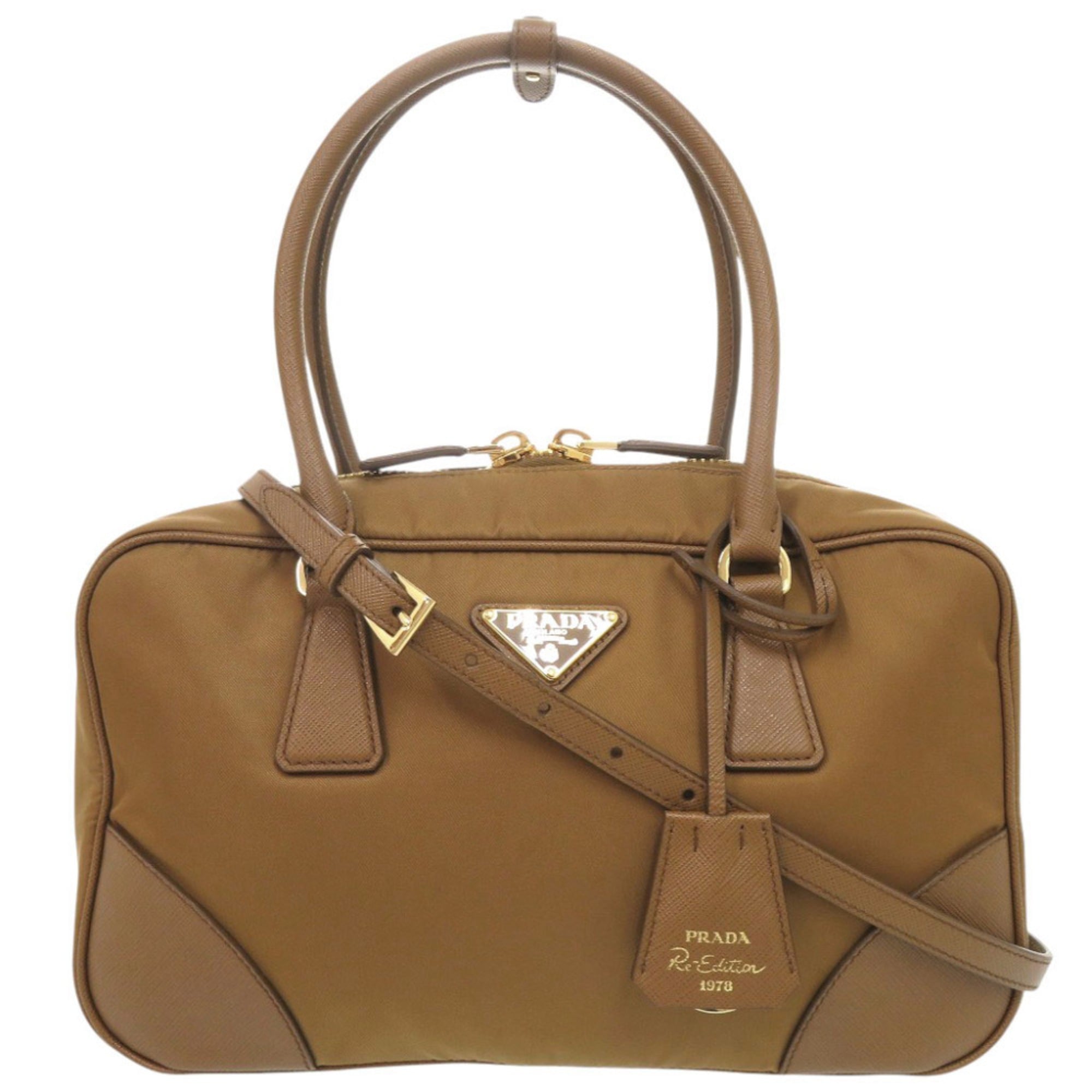 Prada Brown Nylon Leather Handbag Shoulder Bag (Pre-Owned)