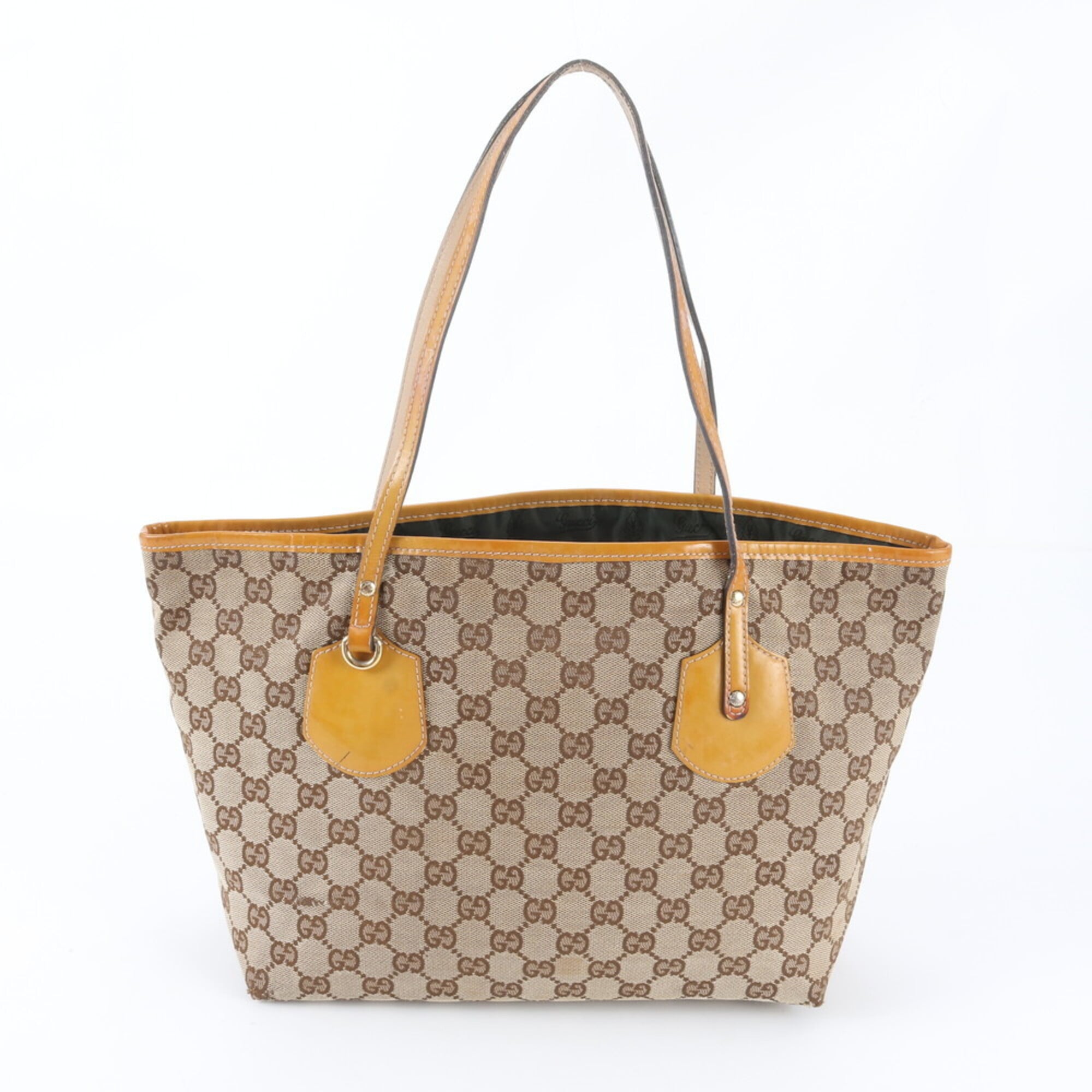 Gucci Beige Yellow Leather Canvas Handbag Shoulder Bag Tote Bag (Pre-Owned)