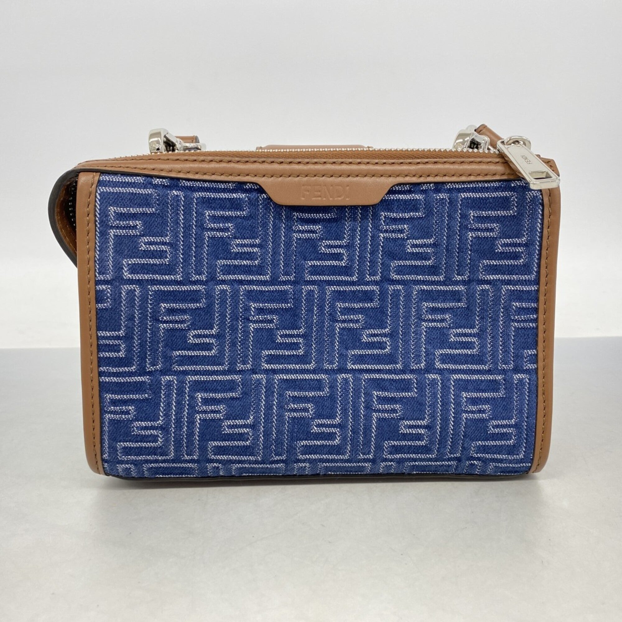 Fendi Blue Brown Leather Denim Denim Shoulder Bag (Pre-Owned)