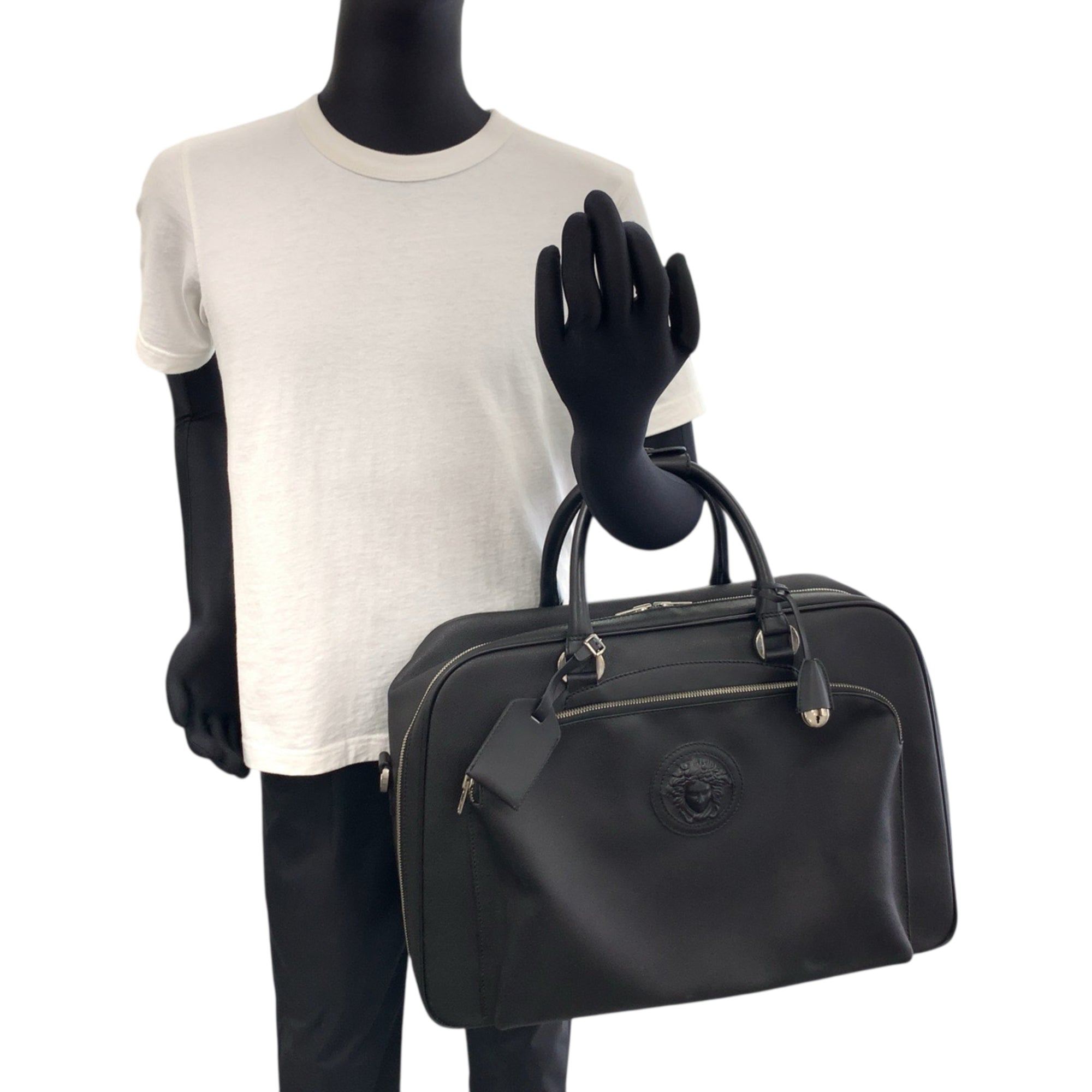 Versace Black Leather Boston Bag Handbag (Pre-Owned)
