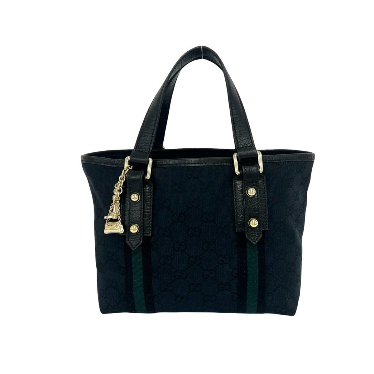 Gucci Black Navy Canvas Leather Boston Bag Handbag Tote Bag (Pre-Owned)
