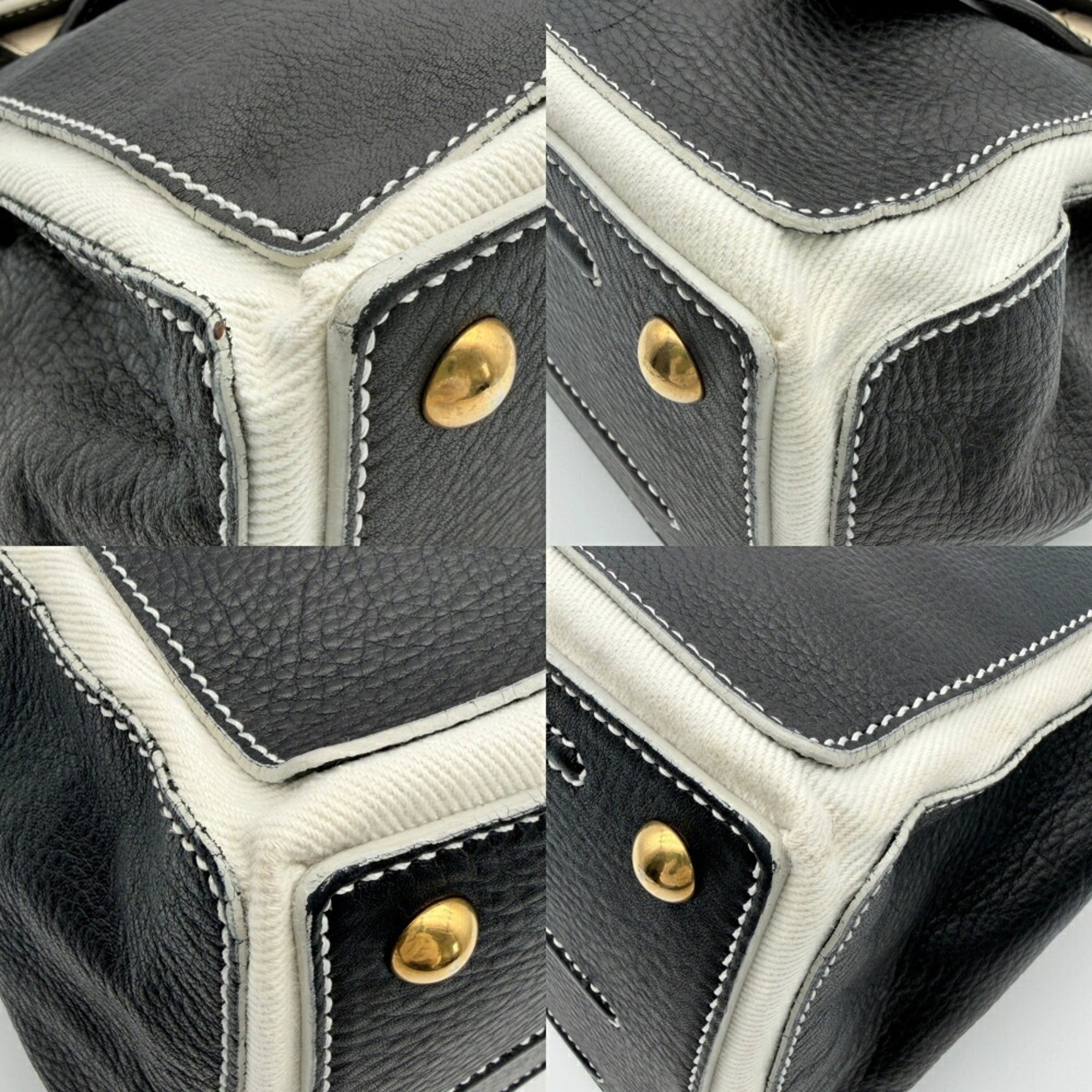 Yves Saint Laurent Black White Leather Canvas Handbag (Pre-Owned)