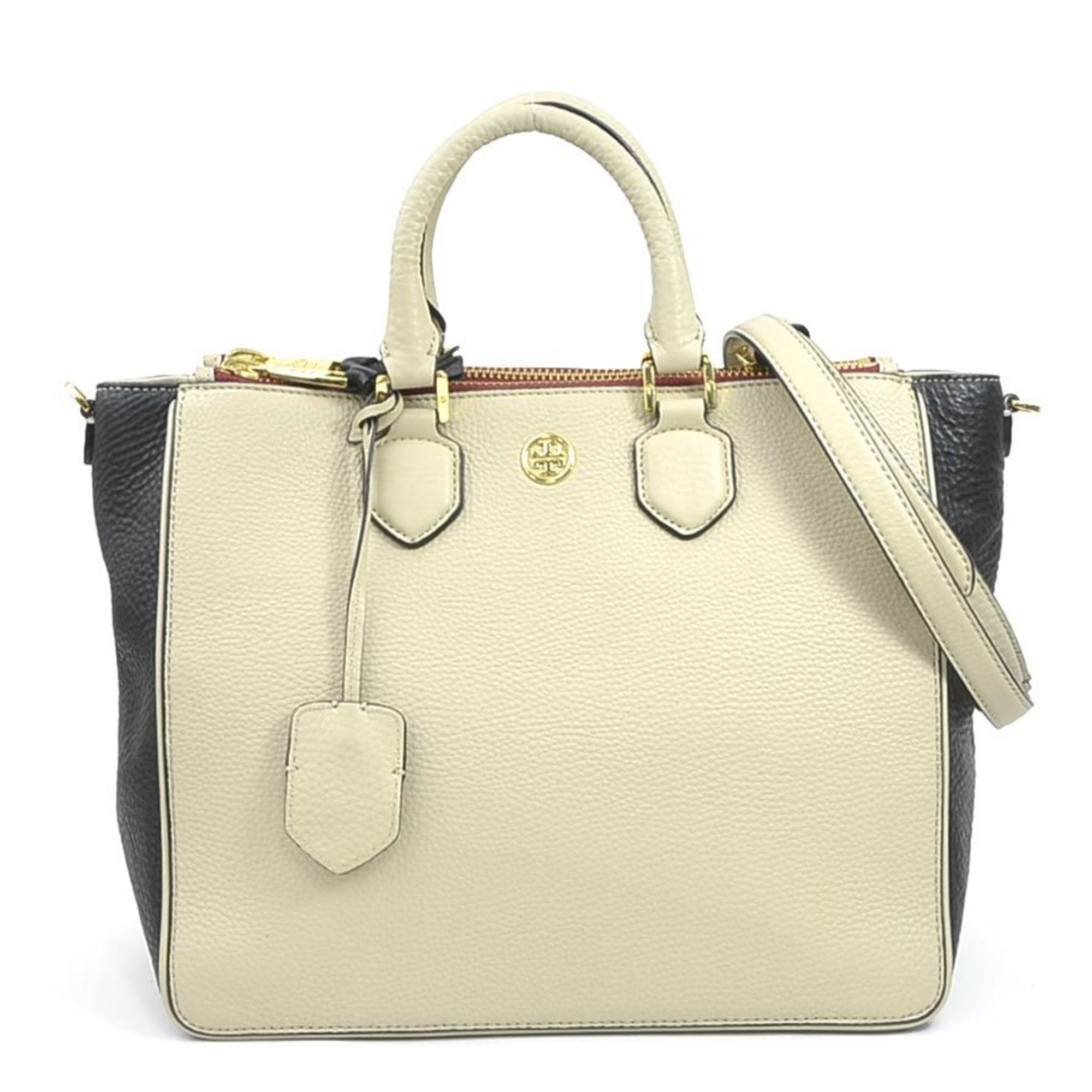 Tory Burch Beige Black Leather Handbag Shoulder Bag (Pre-Owned)