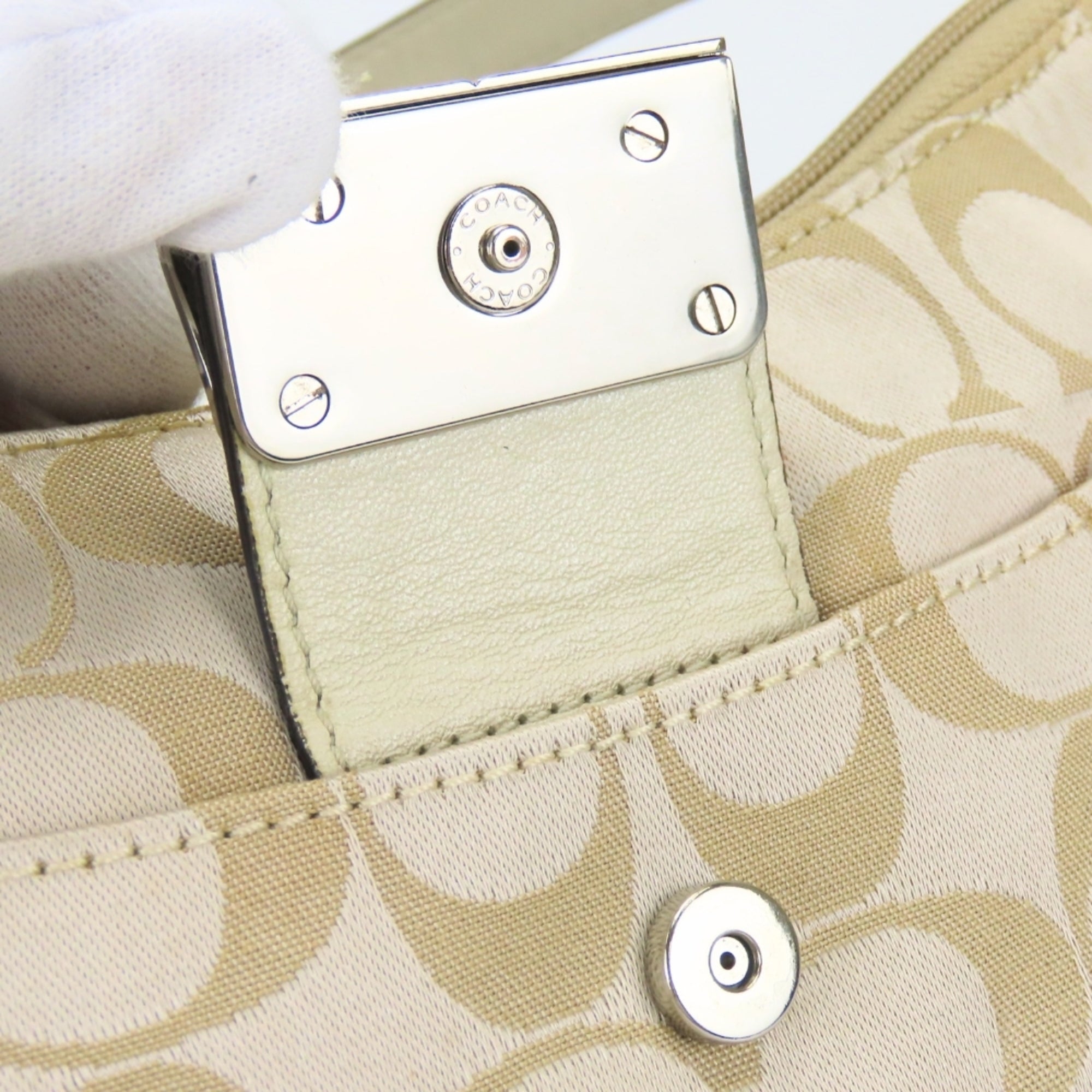 Coach Signature Gold Grayish Canvas Leather Shoulder Bag (Pre-Owned)