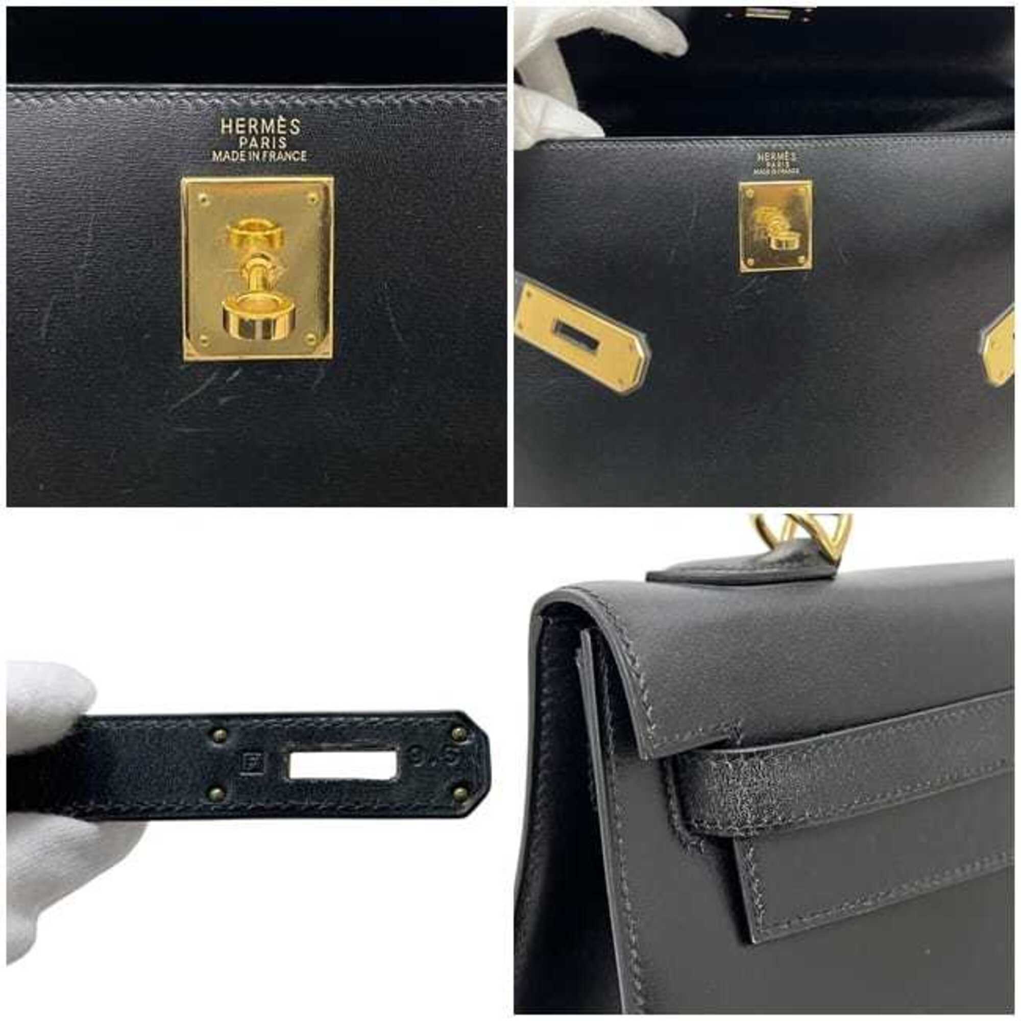 Hermes Kelly Black Box Calf Leather Handbag Shoulder Bag (Pre-Owned)