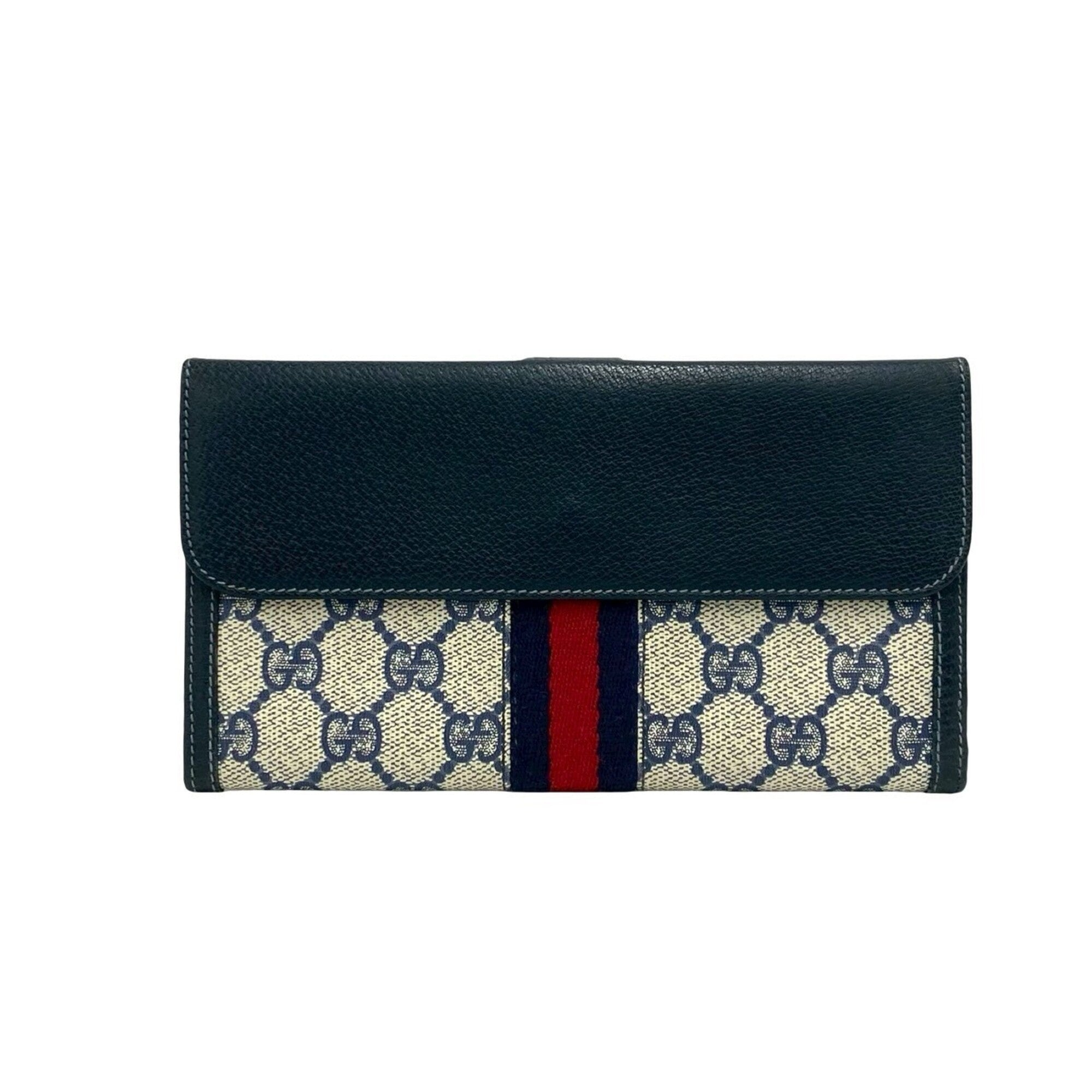 Gucci Navy Red Color Leather Pvc Long Wallet (Bi-Fold) (Pre-Owned)