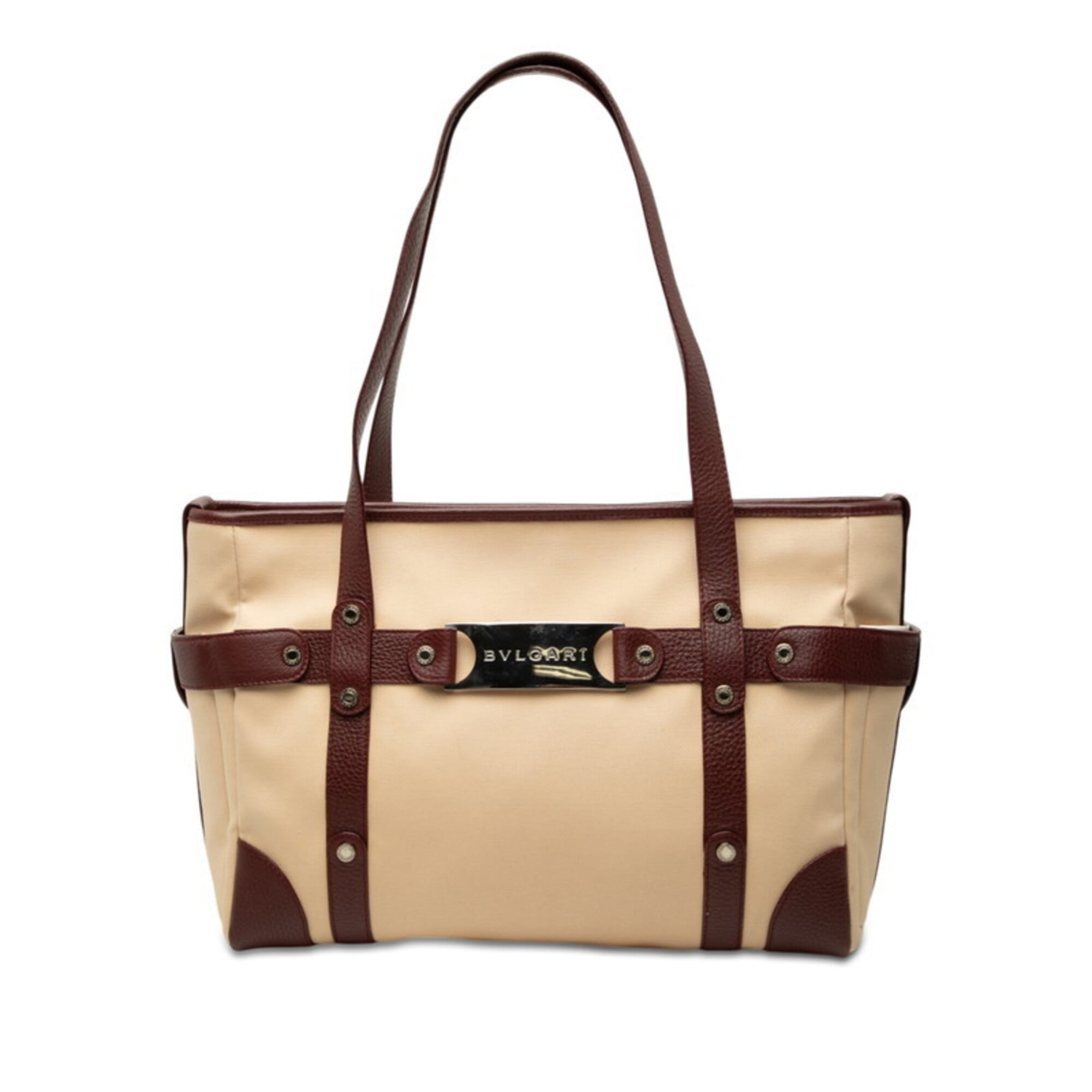 Bvlgari Beige Red Color Wine Canvas Leather Shoulder Bag Tote Bag (Pre-Owned)