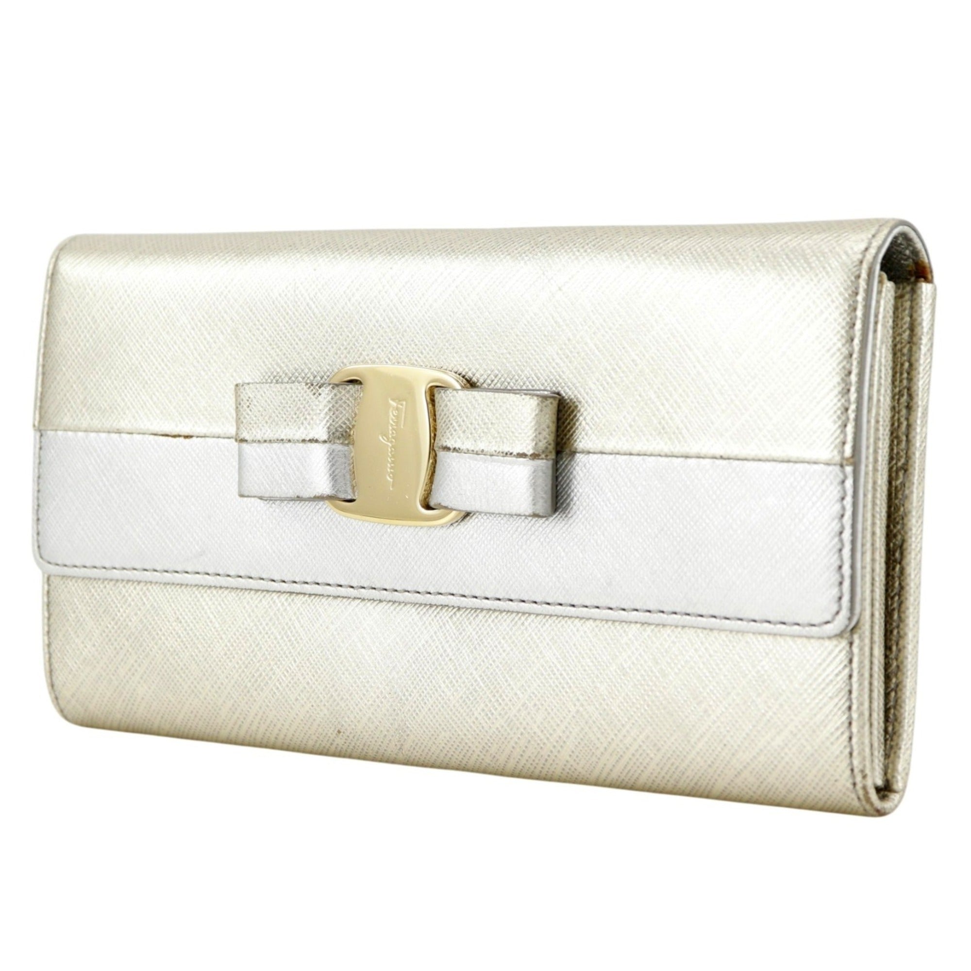 Salvatore Ferragamo Vara Silver Leather Long Wallet (Bi-Fold) (Pre-Owned)