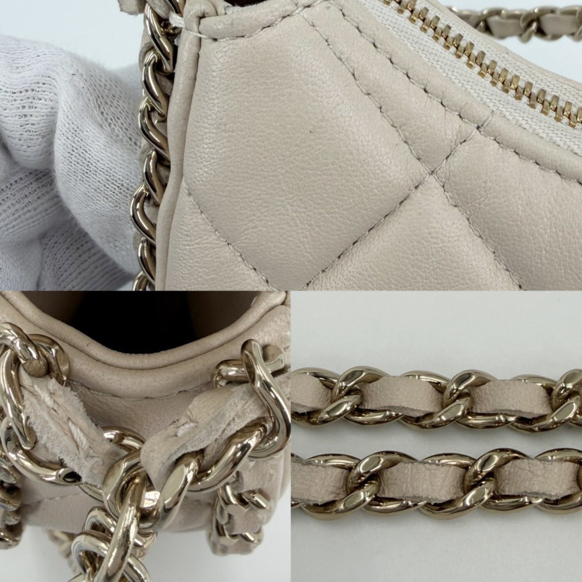 Chanel Beige Beige Gold White Leather Pochette Shoulder Bag (Pre-Owned)