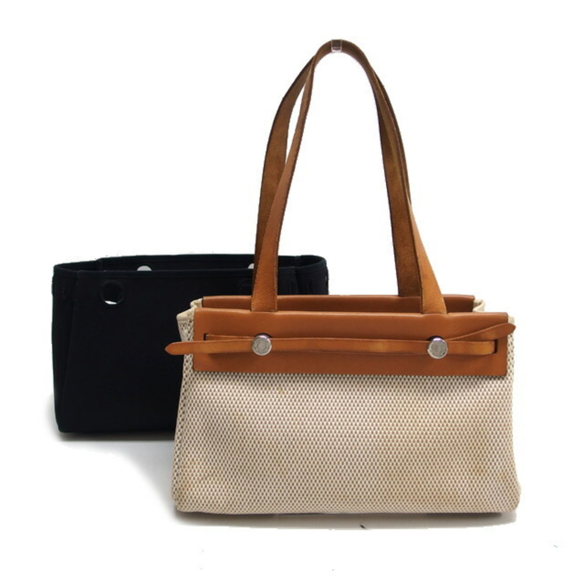 Hermes Beige Black Brown Canvas Leather Handbag Shoulder Bag Tote Bag (Pre-Owned)