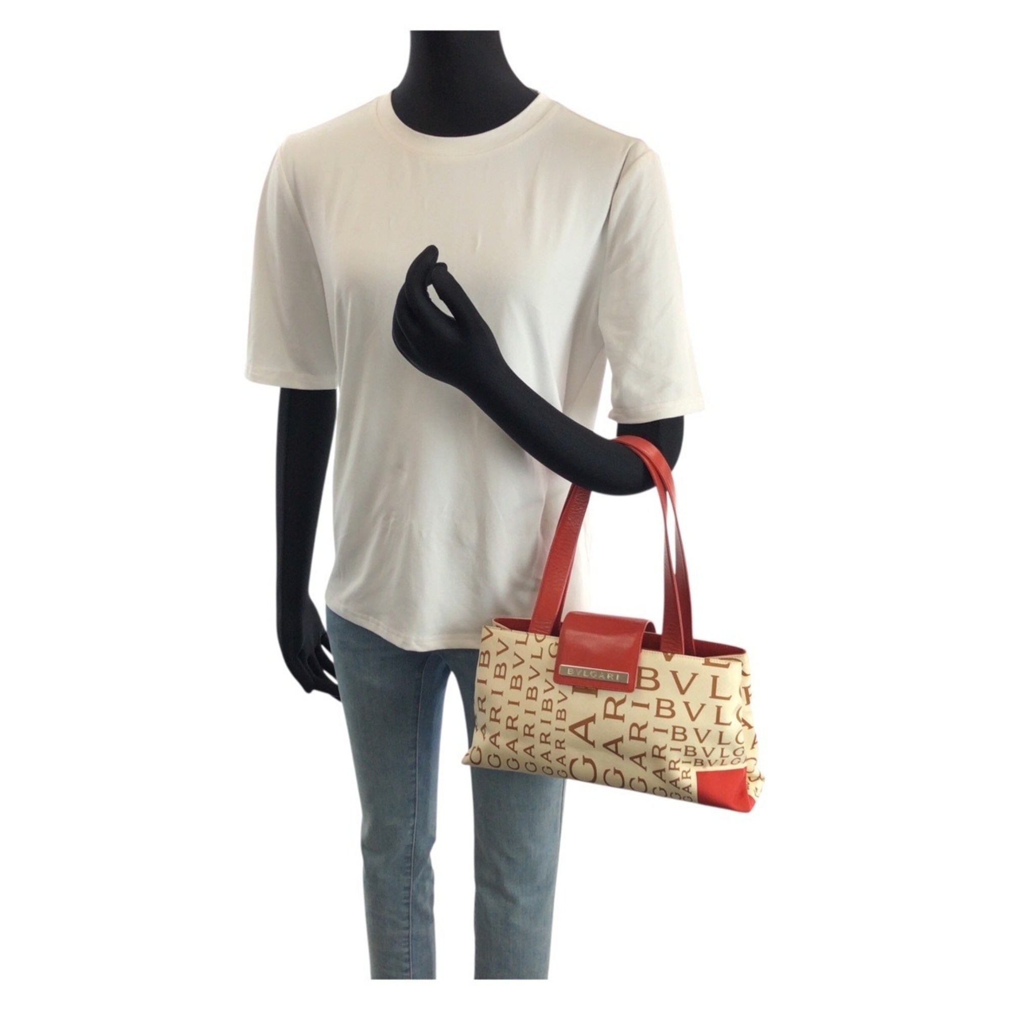 Bvlgari Ivory Red Color Canvas Leather Shoulder Bag Tote Bag (Pre-Owned)