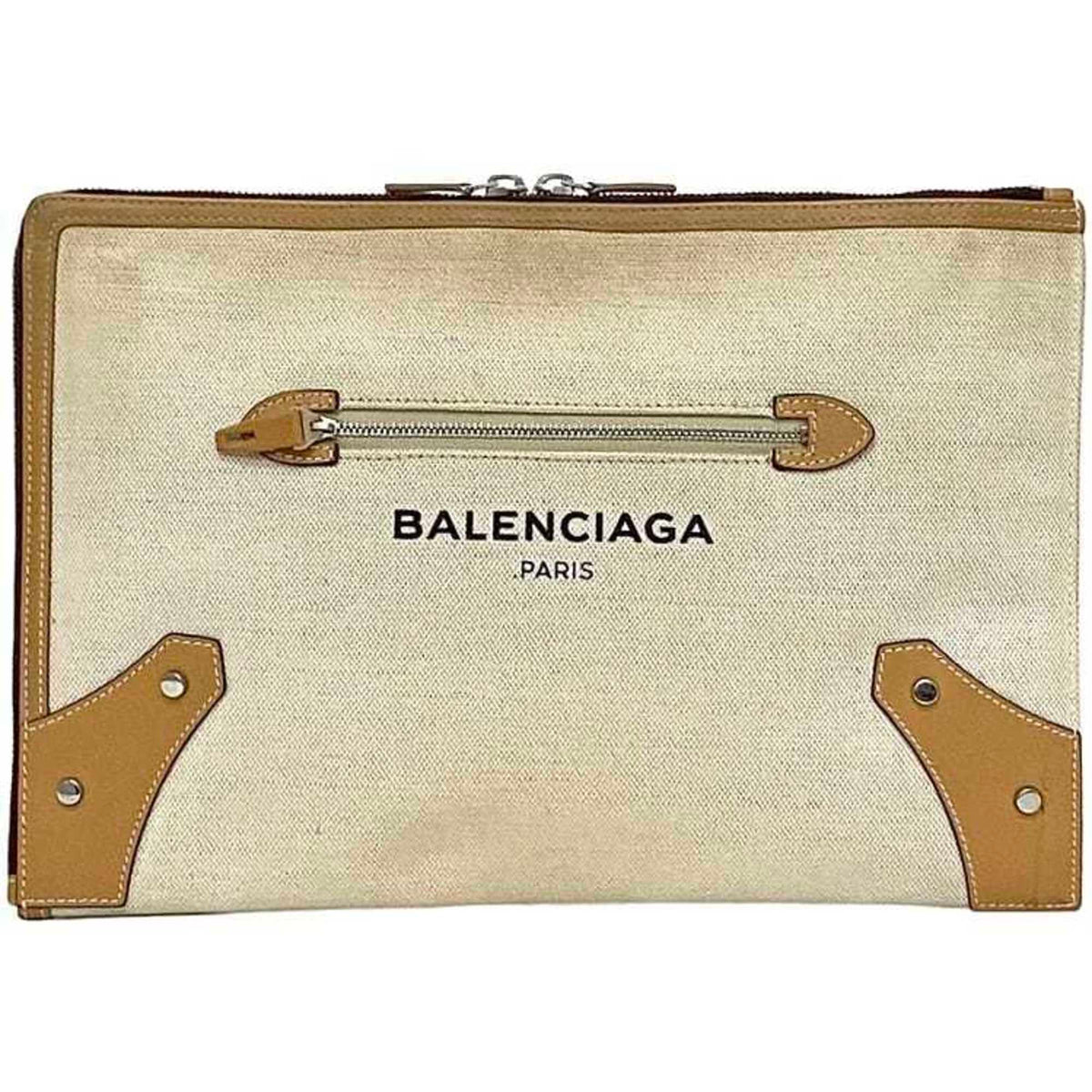 Balenciaga Beige White Canvas Leather Clutch Bag Handbag (Pre-Owned)